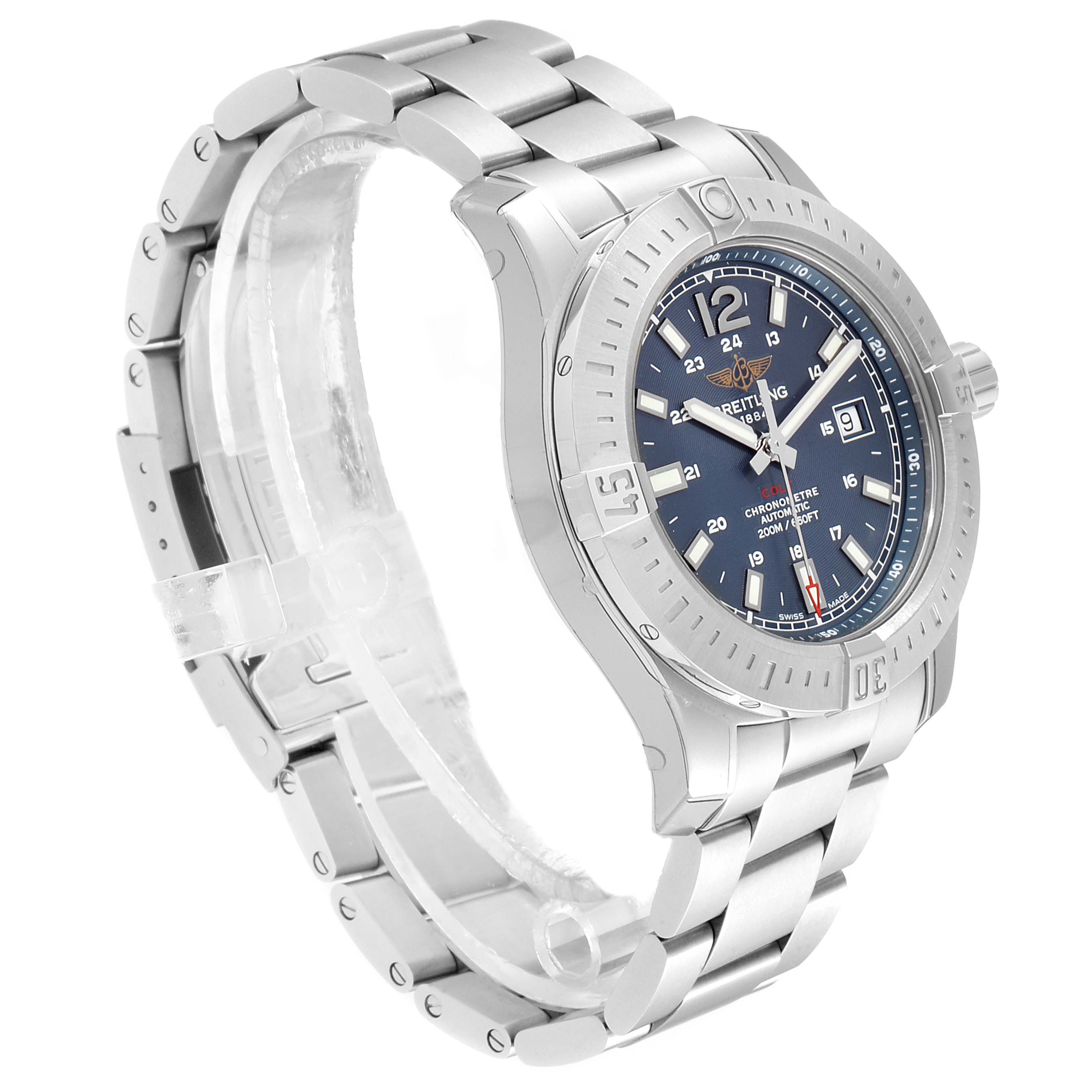 The image shows a side angle of the Breitling Colt A17388 Men's Stainless Steel Blue Dial A17388 Men's Stainless Steel Blue Dial watch, highlighting its blue dial, bezel, and stainless steel bracelet.