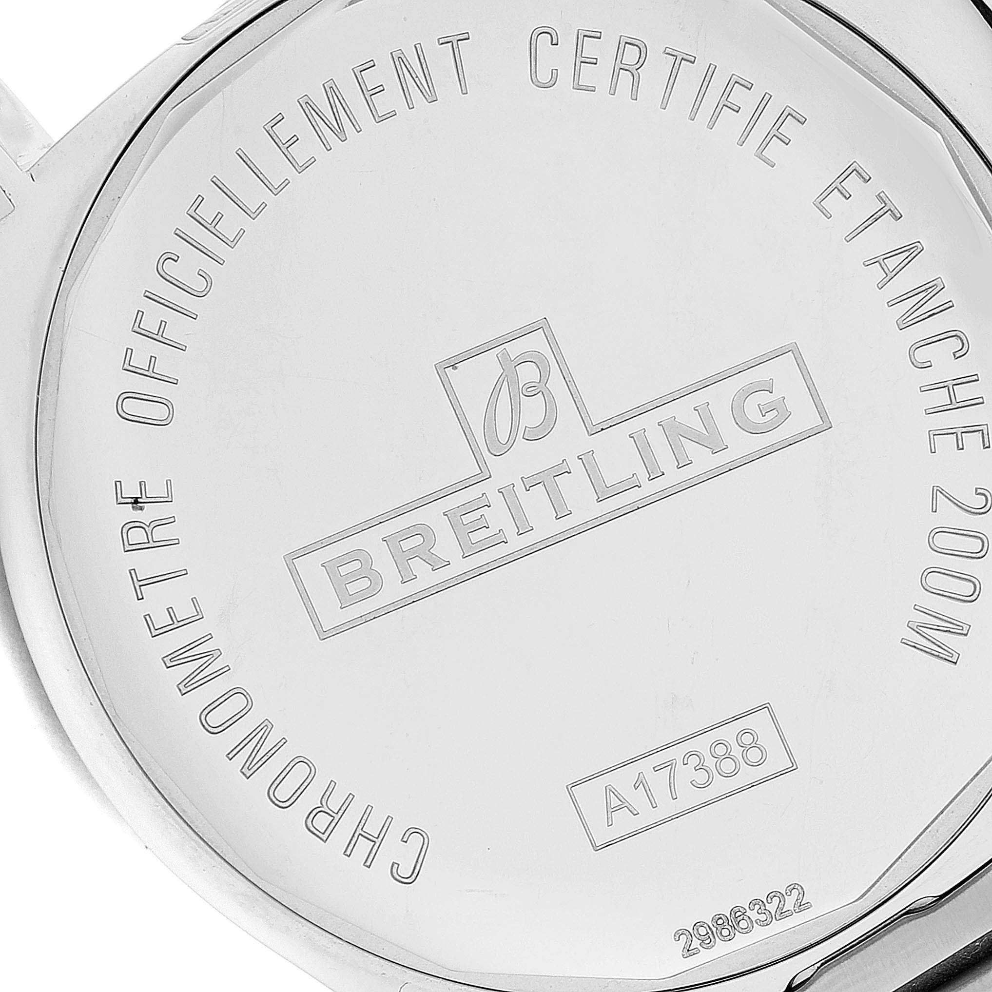 This image shows the back case of a Breitling Colt A17388 Men's Stainless Steel Blue Dial A17388 Men's Stainless Steel Blue Dial watch, featuring engraved brand and model details.