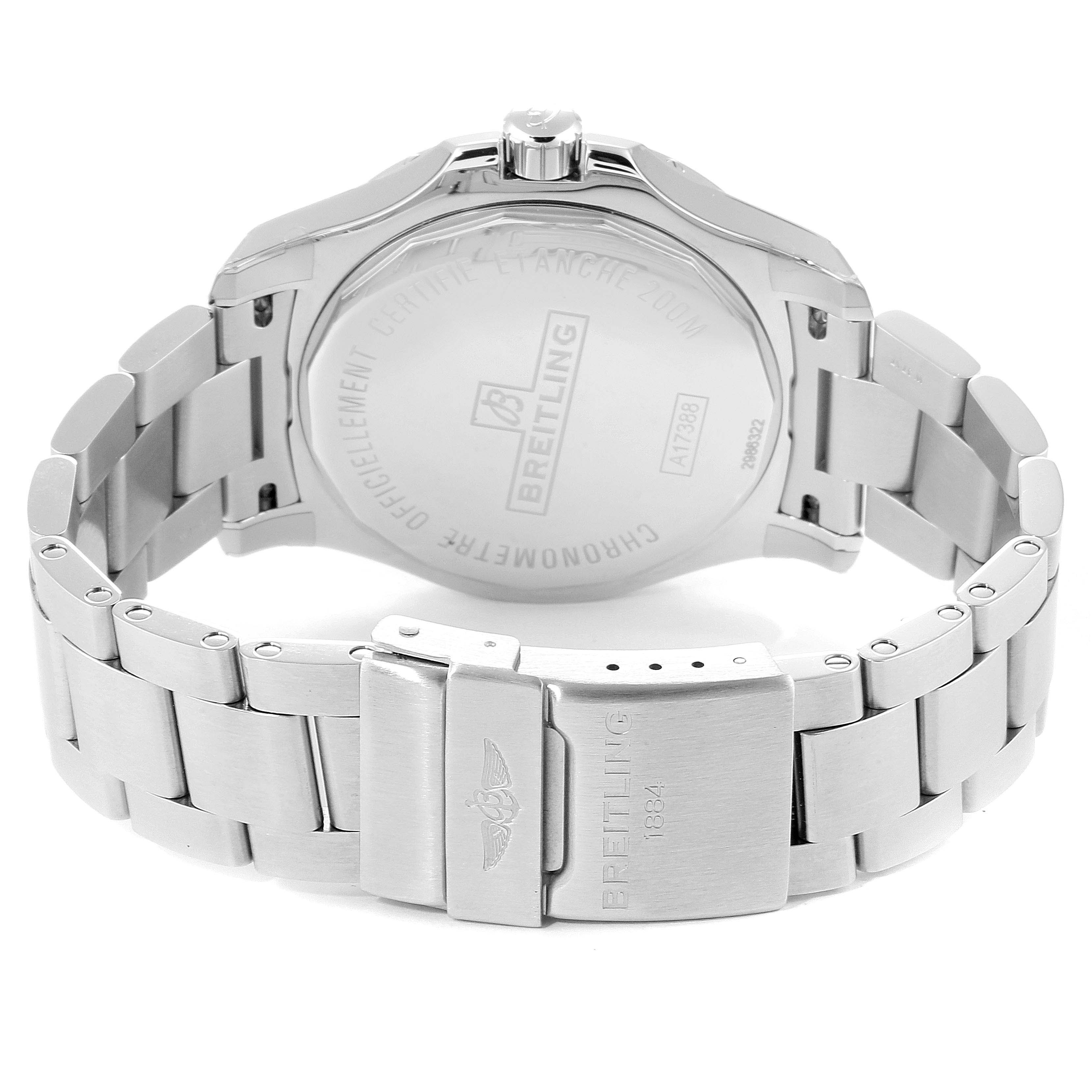 The image shows the back case and clasp of a Breitling Colt A17388 Men's Stainless Steel Blue Dial A17388 Men's Stainless Steel Blue Dial watch, highlighting the bracelet and engraved details.