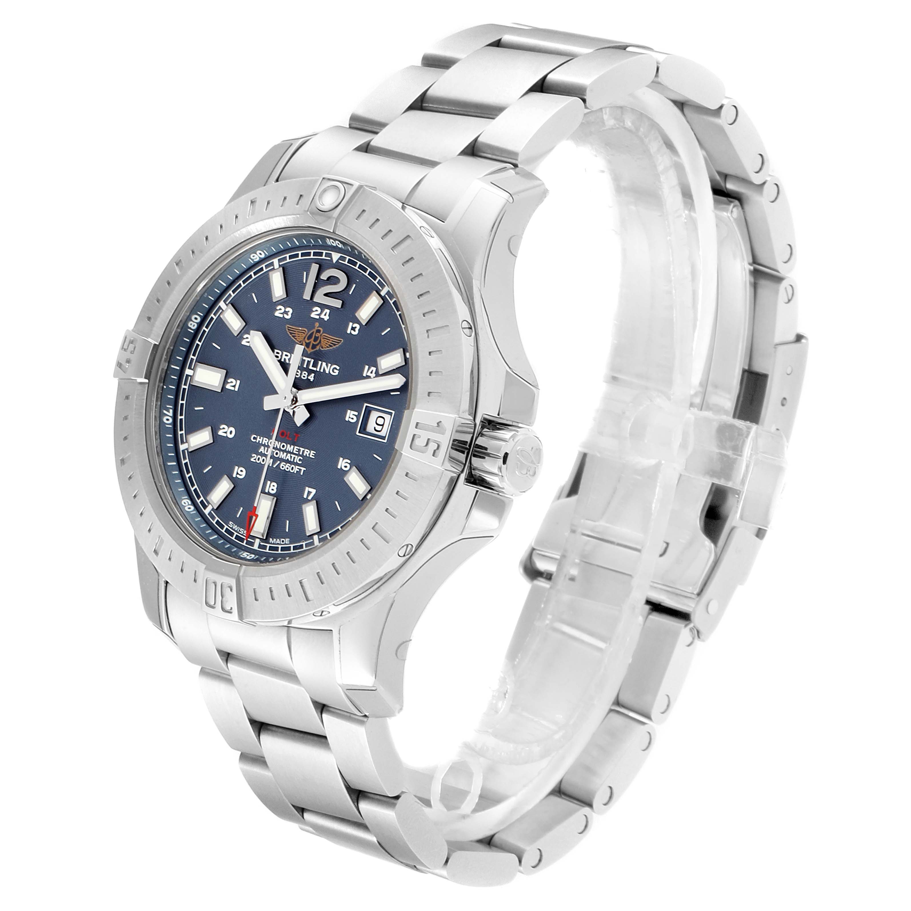 The image shows the Breitling Colt A17388 Men's Stainless Steel Blue Dial A17388 Men's Stainless Steel Blue Dial watch at an angled view, highlighting its blue dial, silver bezel, and stainless steel bracelet.