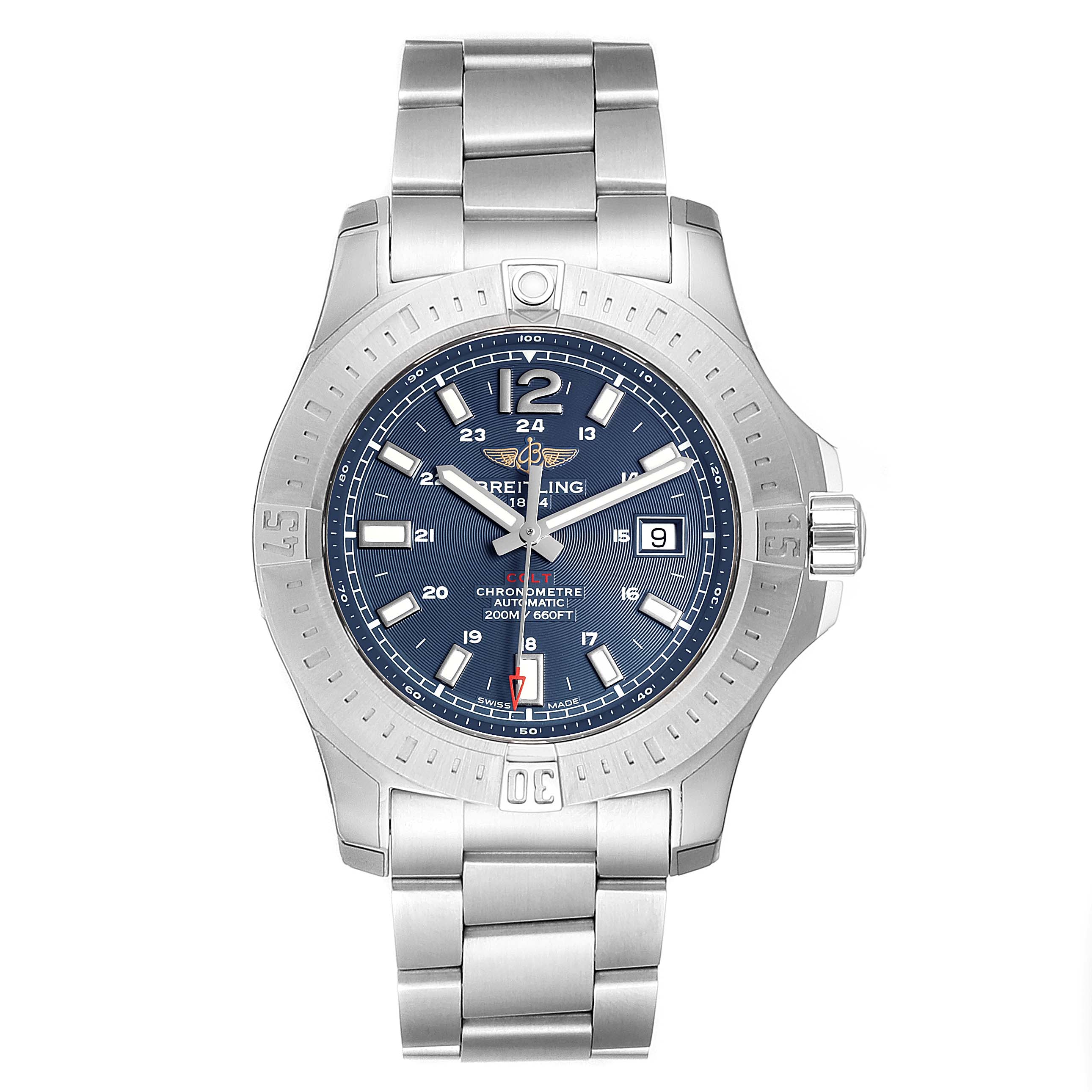 The image shows a front view of a Breitling Colt A17388 Men's Stainless Steel Blue Dial A17388 Men's Stainless Steel Blue Dial watch, displaying the face, bezel, bracelet, and crown.