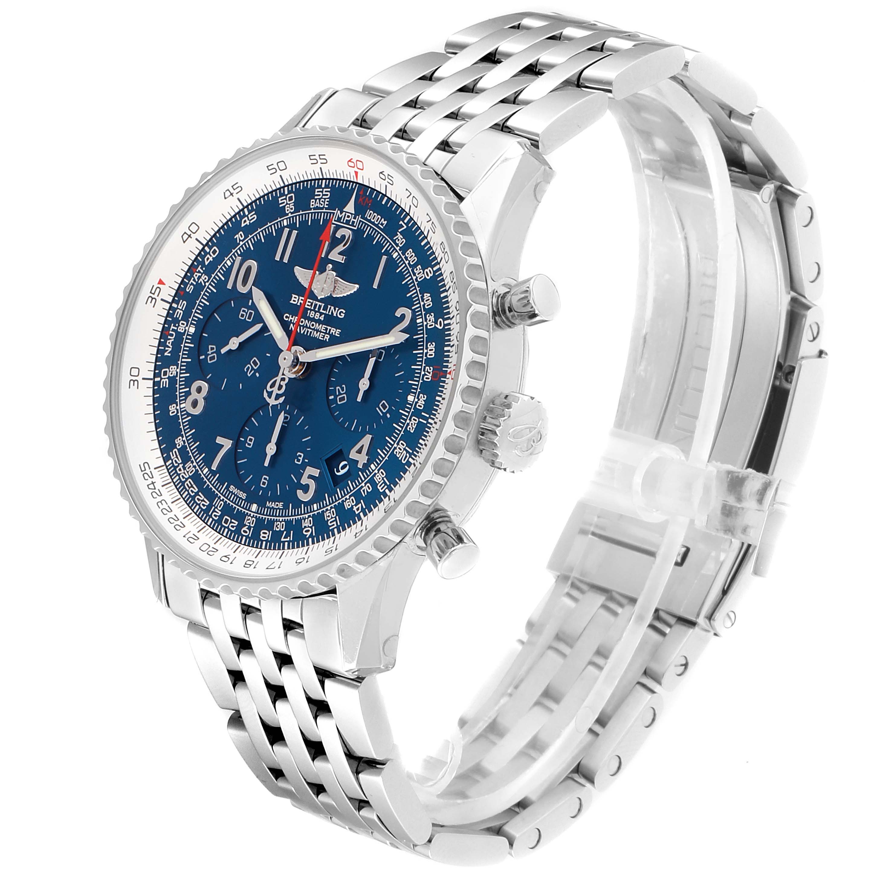The Breitling Navitimer AB0121C4-C920-447A Men
s Stainless Steel Blue Dial AB0121C4-C920-447A Men
s Stainless Steel Blue Dial watch is shown at a 3/4 angle, highlighting its blue dial, stainless steel case, crown, pushers, and metal bracelet.