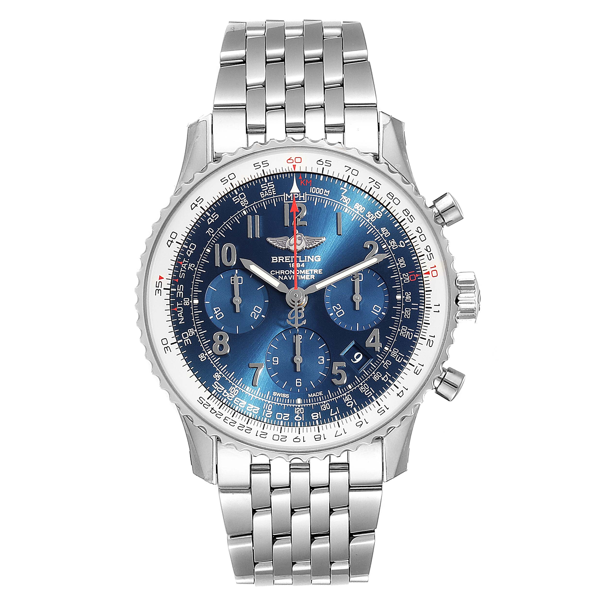 The image shows a frontal view of a Breitling Navitimer AB0121C4-C920-447A Men
s Stainless Steel Blue Dial AB0121C4-C920-447A Men
s Stainless Steel Blue Dial watch, highlighting its dial, bezel, and metal bracelet.