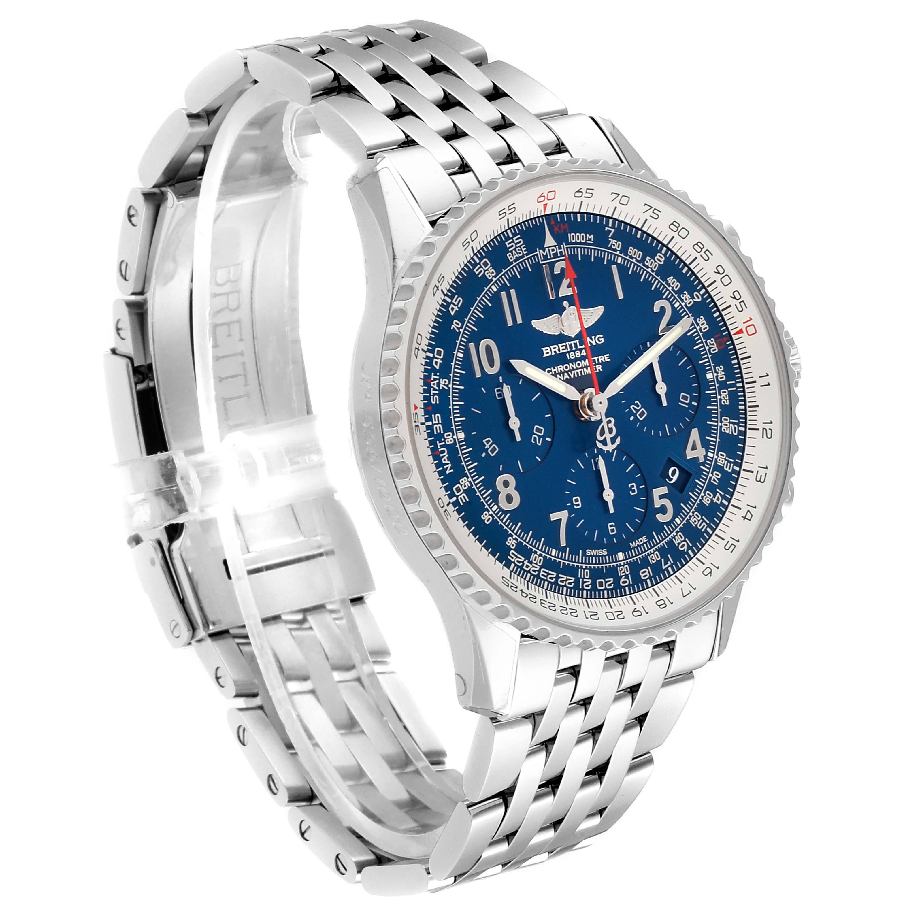 The image shows a side angle view of a Breitling Navitimer AB0121C4-C920-447A Men
s Stainless Steel Blue Dial AB0121C4-C920-447A Men
s Stainless Steel Blue Dial watch with a blue dial and stainless steel bracelet.