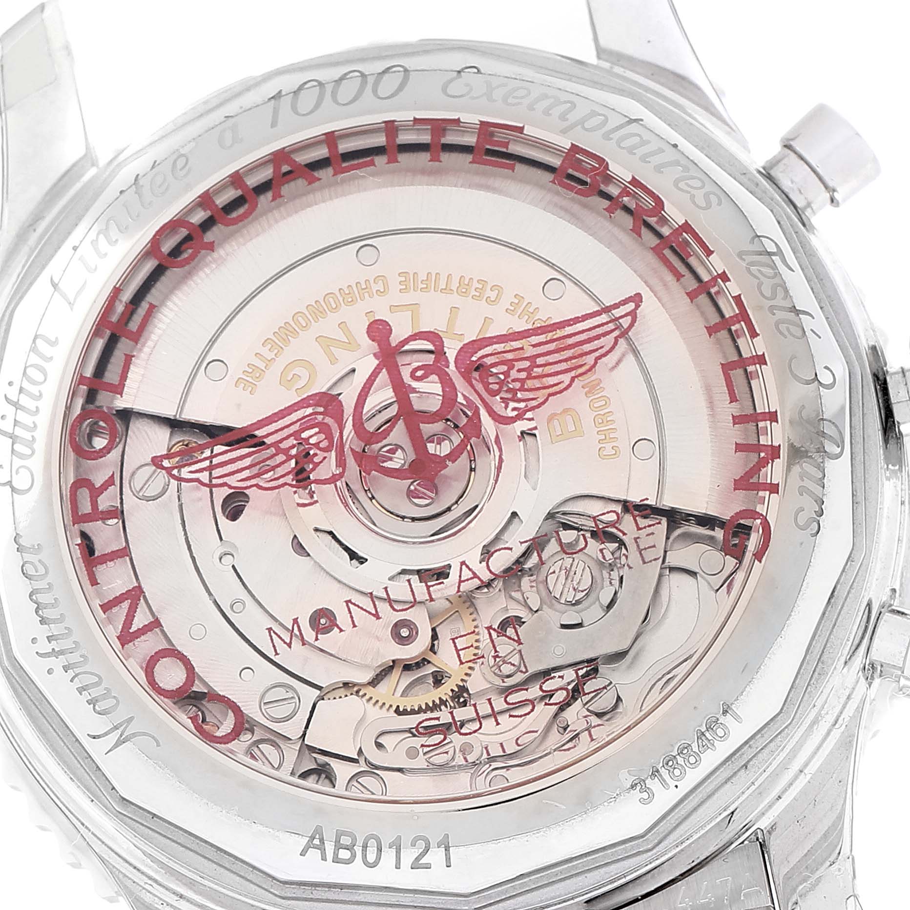 The image shows the back case of the Breitling Navitimer AB0121C4-C920-447A Men
s Stainless Steel Blue Dial AB0121C4-C920-447A Men
s Stainless Steel Blue Dial, revealing the watch
s intricate movement mechanism.