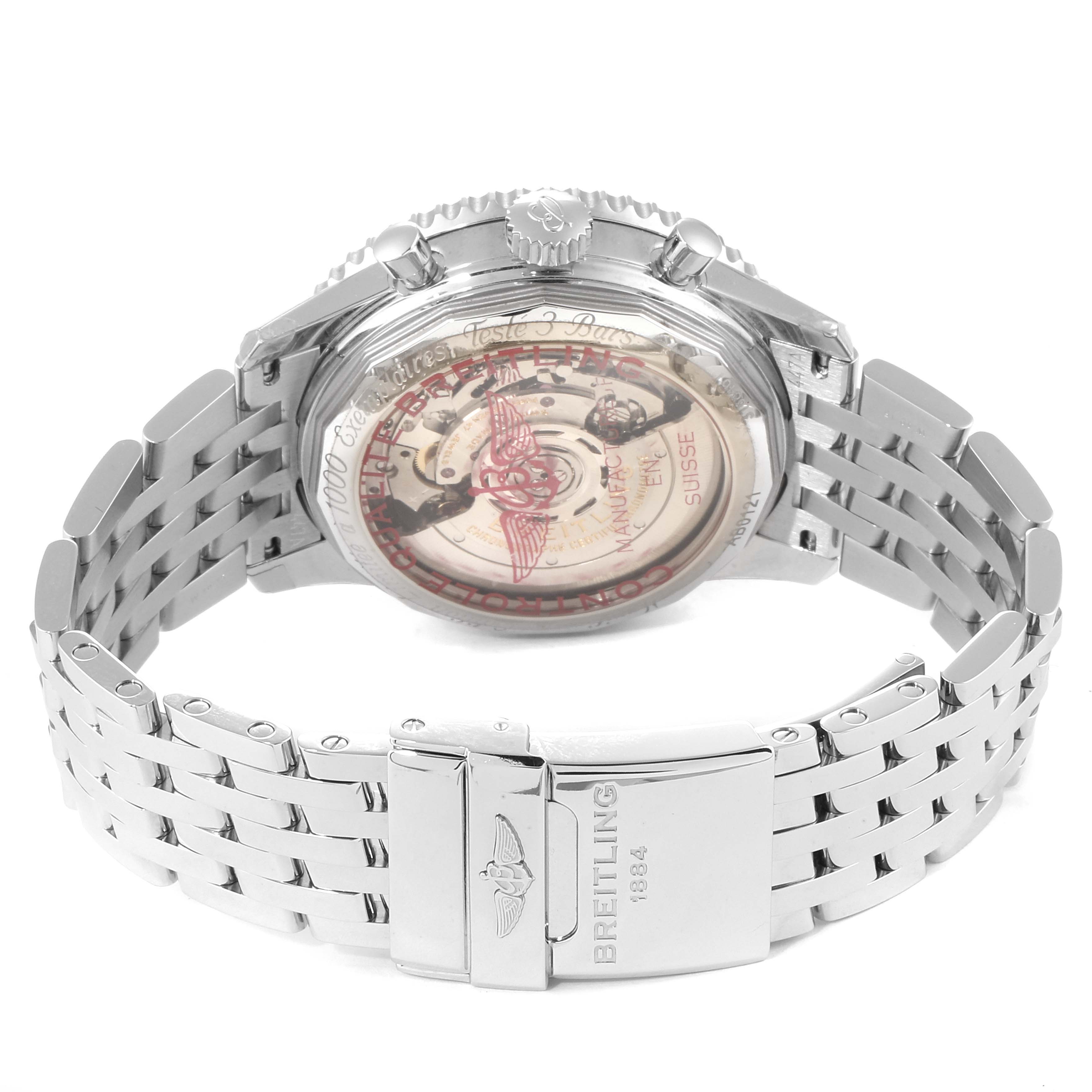 The image shows the back view of the Breitling Navitimer AB0121C4-C920-447A Men
s Stainless Steel Blue Dial AB0121C4-C920-447A Men
s Stainless Steel Blue Dial watch, focusing on the caseback and metal bracelet.