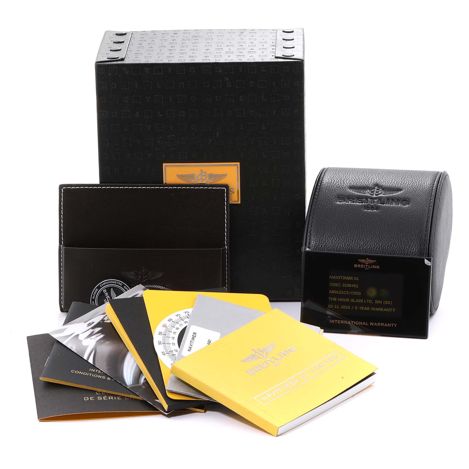 This image shows the packaging and accessories for a Breitling Navitimer AB0121C4-C920-447A Men
s Stainless Steel Blue Dial AB0121C4-C920-447A Men
s Stainless Steel Blue Dial, including the box, leather case, and various manuals.