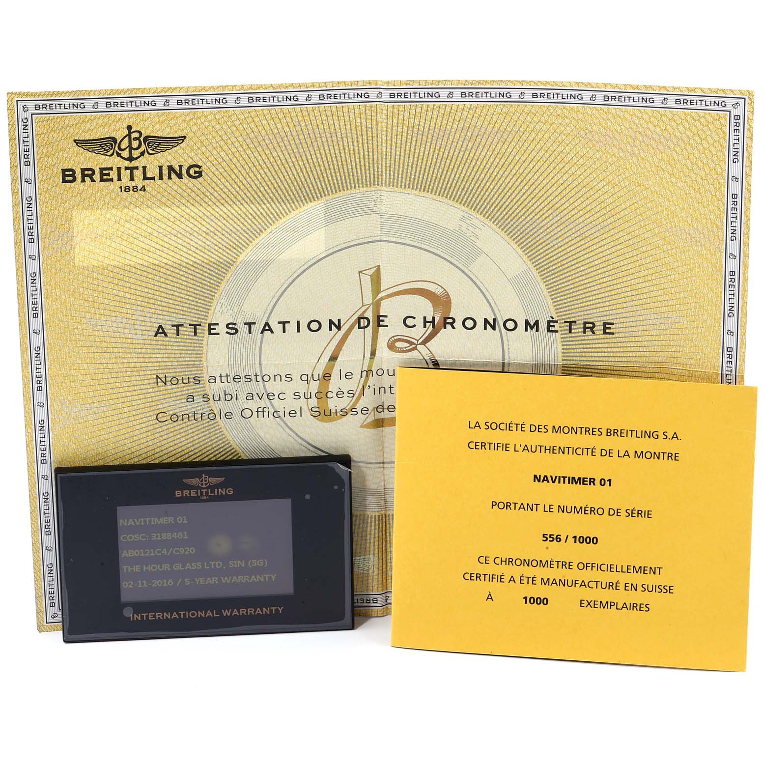 The image shows the warranty card, certificate of Best Quality
ity, and chronometer attestation for the Breitling Navitimer AB0121C4-C920-447A Men
s Stainless Steel Blue Dial AB0121C4-C920-447A Men
s Stainless Steel Blue Dial model.