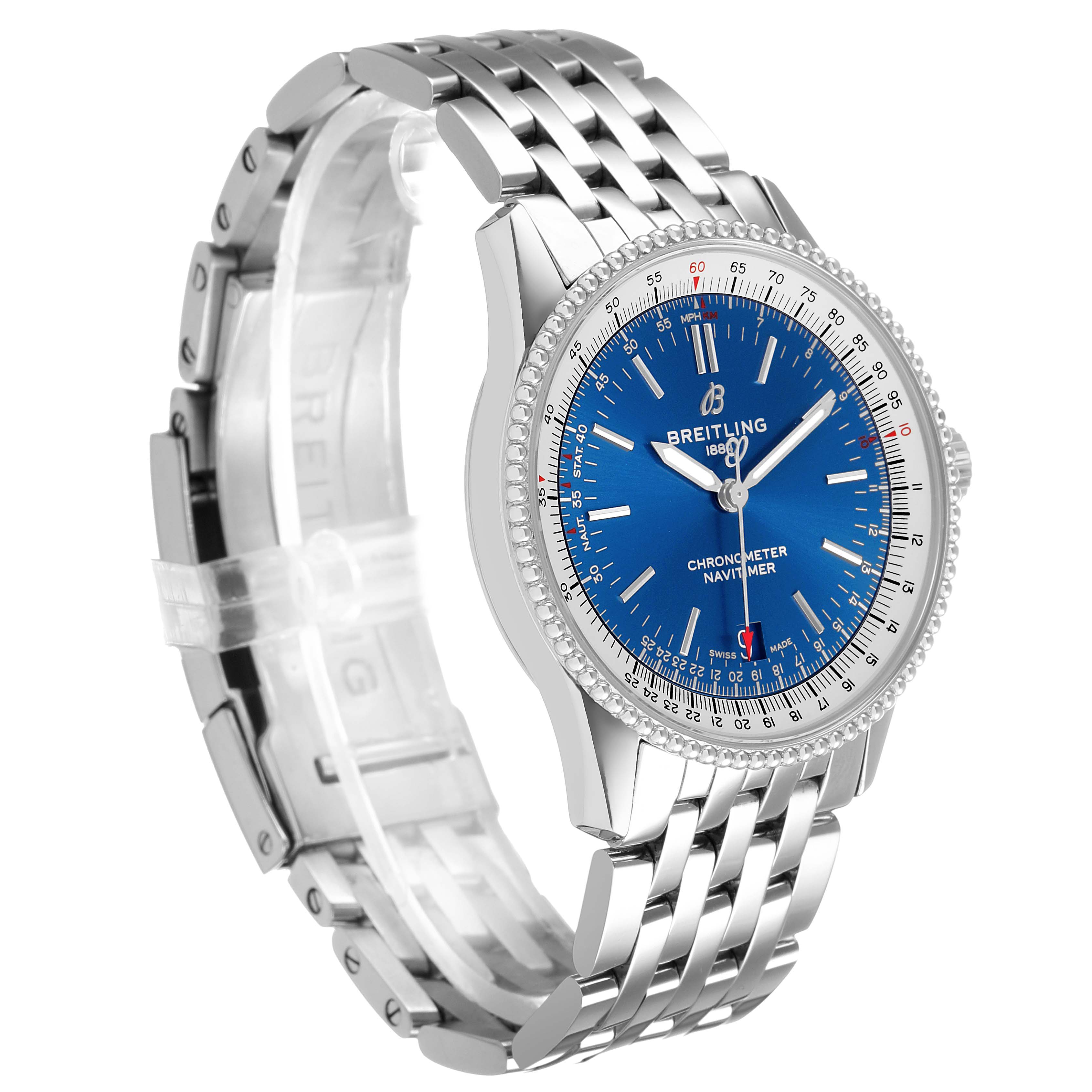 The Breitling Navitimer A17325 Men's Stainless Steel Blue Dial watch is shown at an angled view, displaying the face, bezel, casing, bracelet, and clasp.
