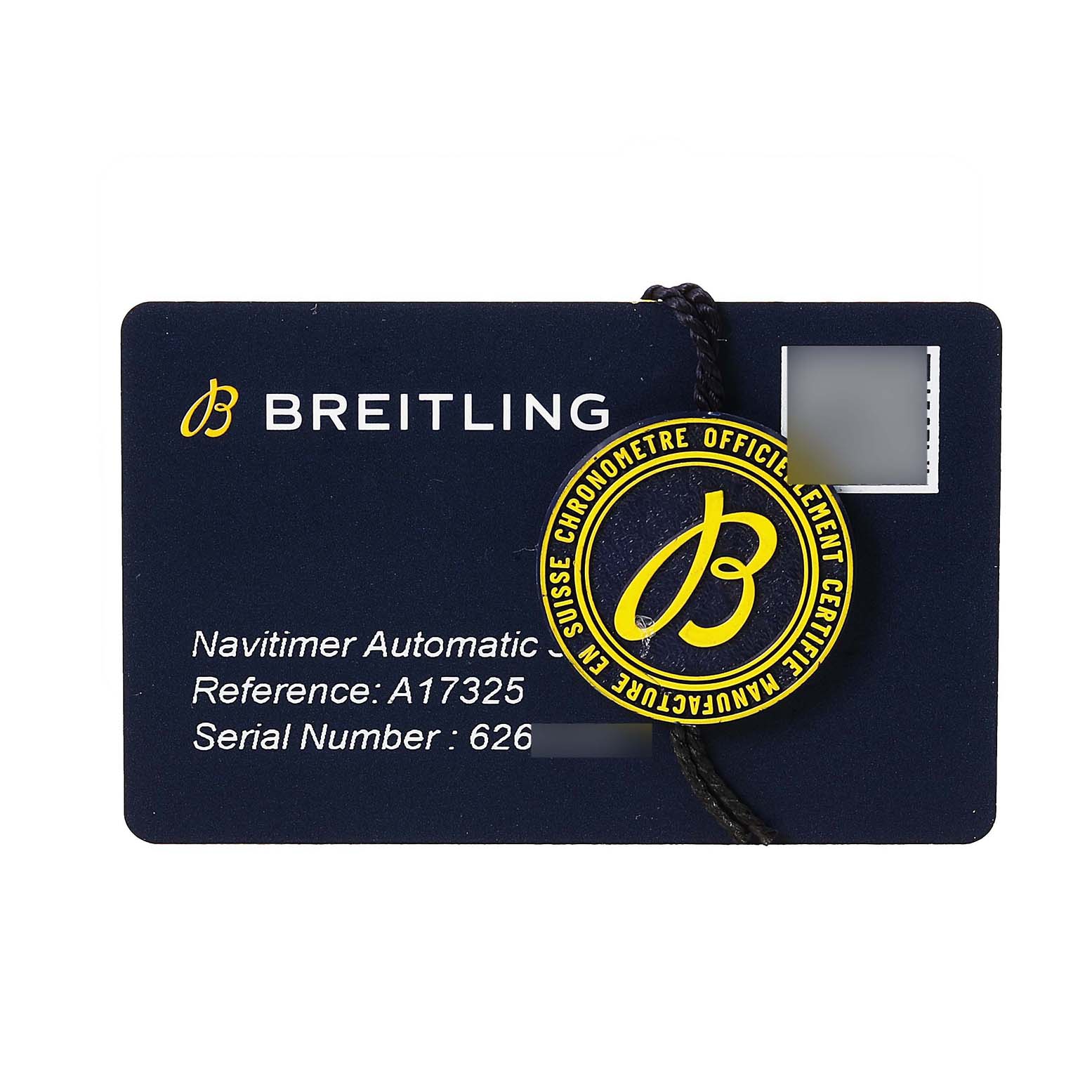 The image shows a Breitling Navitimer A17325 Men's Stainless Steel Blue Dial accessory card with model and serial details, alongside a certification seal.