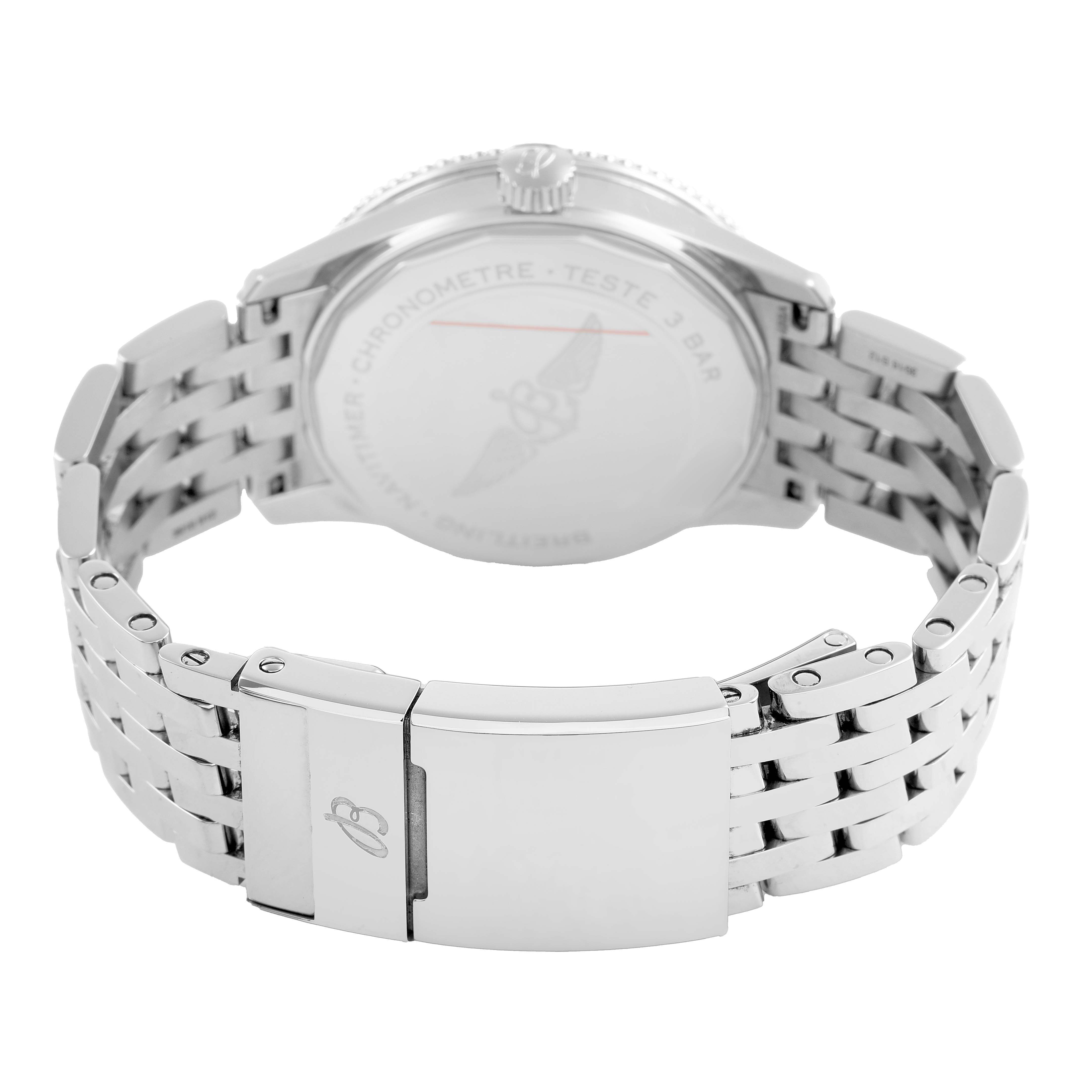 The image shows the back case and clasp of a Breitling Navitimer A17325 Men's Stainless Steel Blue Dial watch, highlighting the stainless steel bracelet.