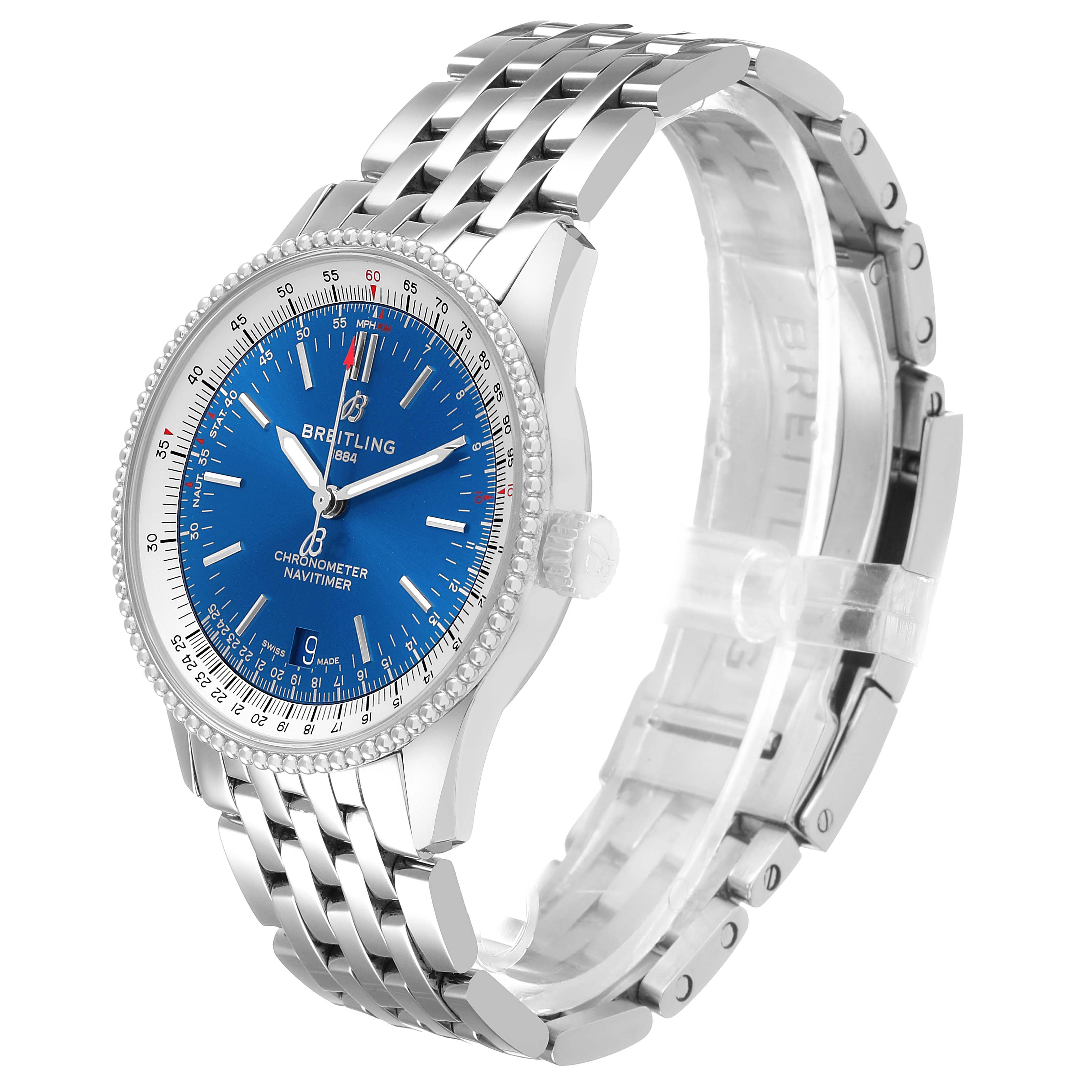 The Breitling Navitimer A17325 Men's Stainless Steel Blue Dial watch is shown at an angle displaying the face, bezel, crown, and metal bracelet.