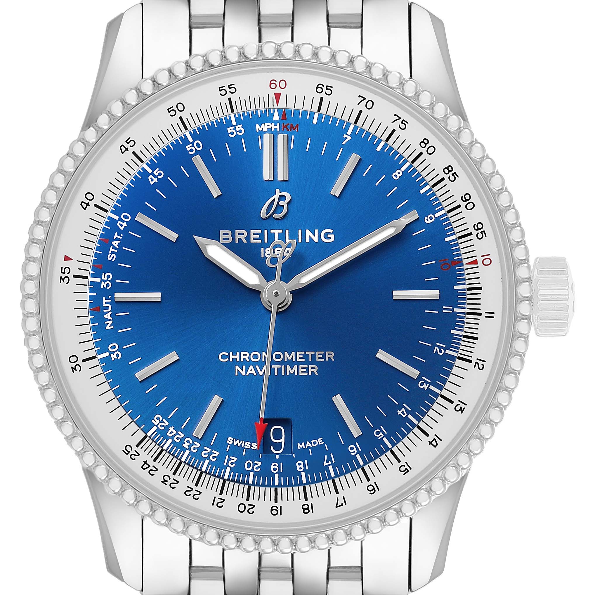 The Breitling Navitimer A17325 Men's Stainless Steel Blue Dial watch is shown from a front angle, displaying its blue dial, bezel, and bracelet links.