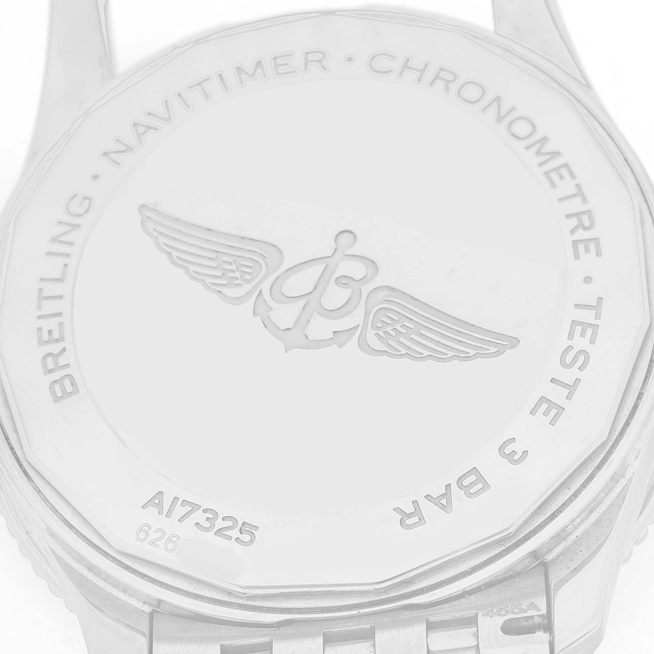 The image shows the back case of a Breitling Navitimer A17325 Men's Stainless Steel Blue Dial watch, highlighting the logo and engraved details.