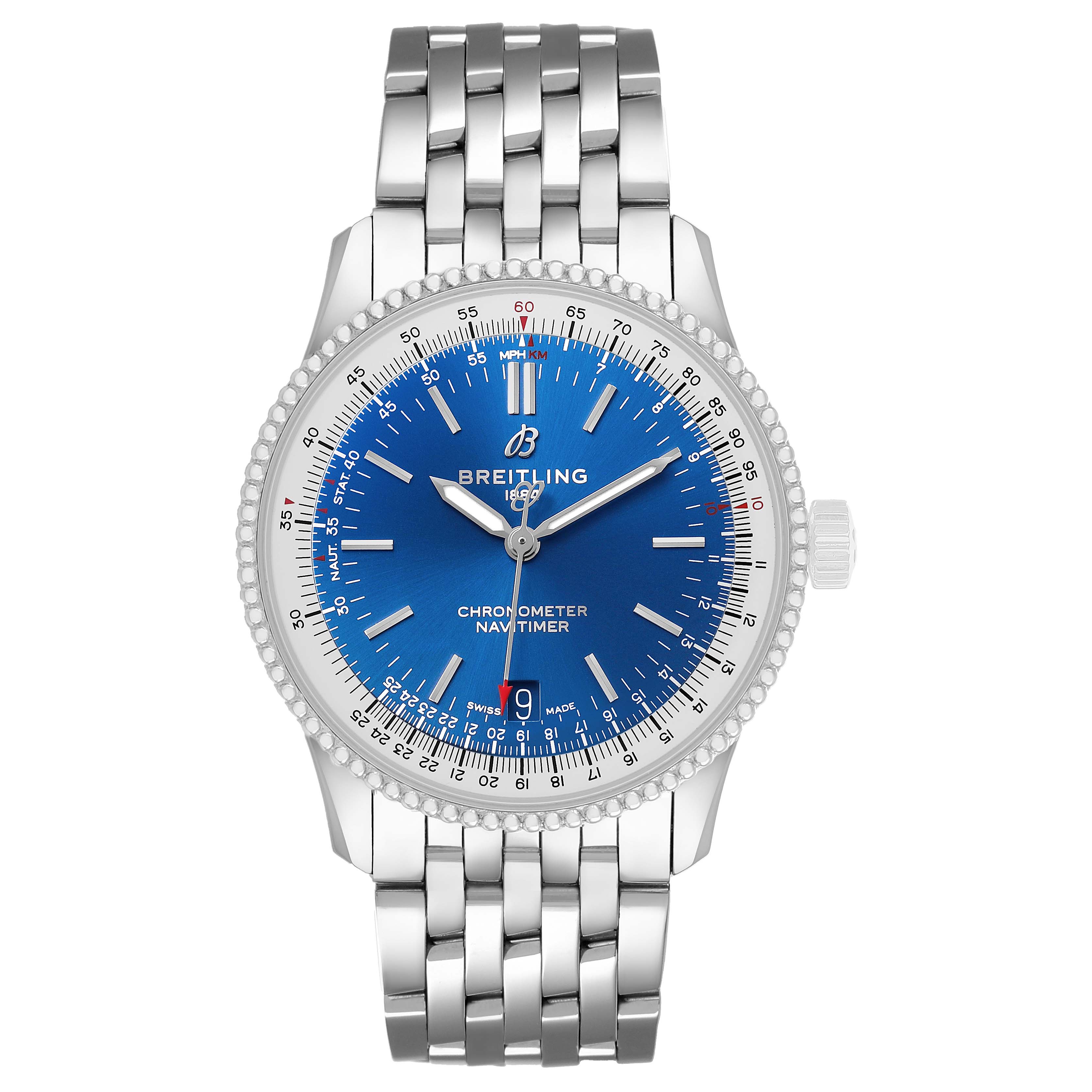 The Breitling Navitimer A17325 Men's Stainless Steel Blue Dial watch is shown from the front, displaying its blue dial, bezel, and metal bracelet.