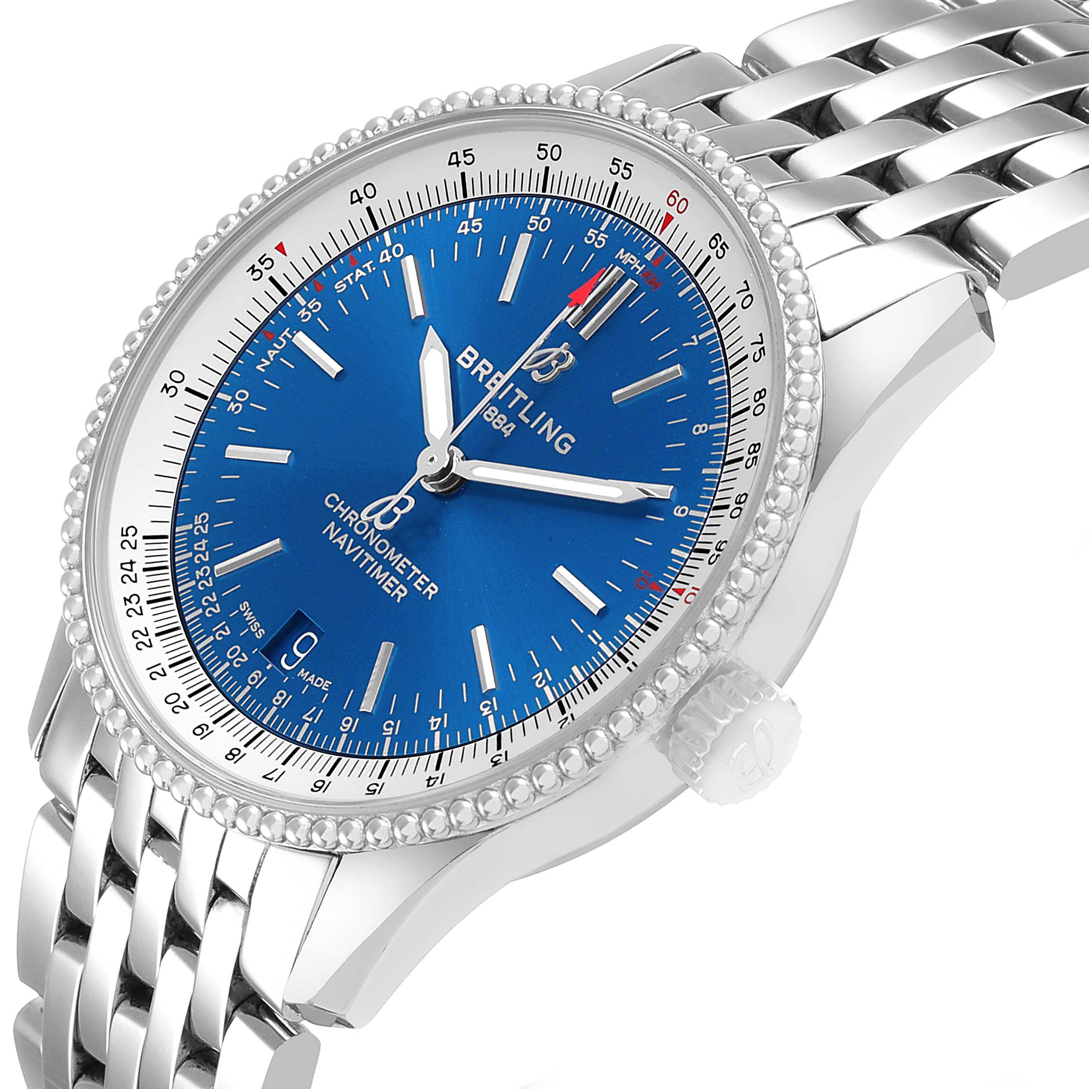 The Breitling Navitimer A17325 Men's Stainless Steel Blue Dial watch is shown at an angled view, highlighting its blue dial, bezel, crown, and metal bracelet.