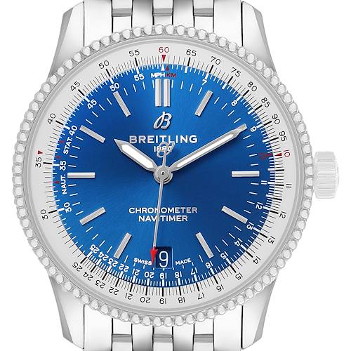 The Breitling Navitimer A17325 Men's Stainless Steel Blue Dial watch is shown from a front angle, highlighting its blue dial, bezel, and bracelet.