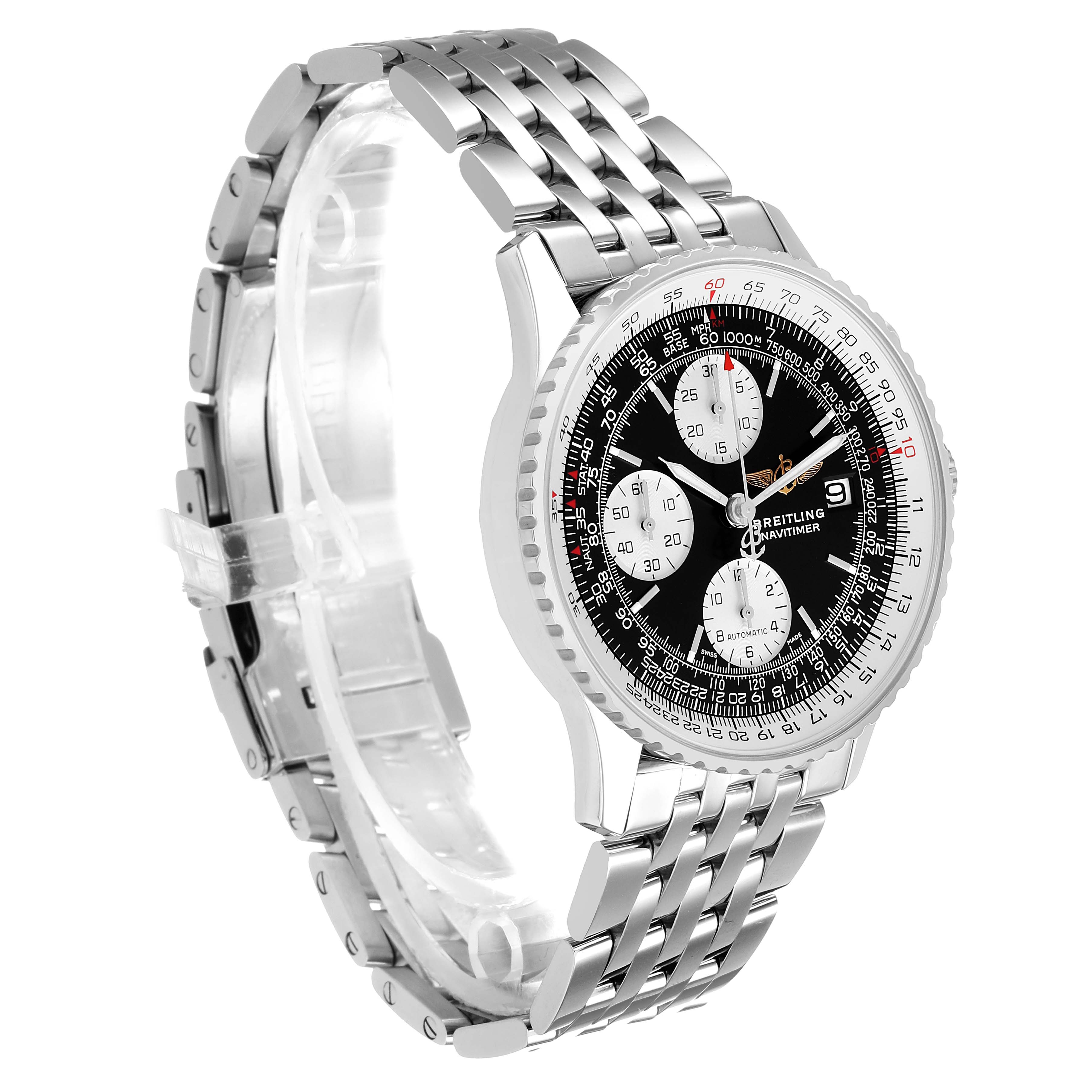 The Breitling Navitimer A1332412/BD49 Men's Stainless Steel Black Dial is shown from a three-quarter angle, highlighting the face, bezel, and a stainless steel bracelet.