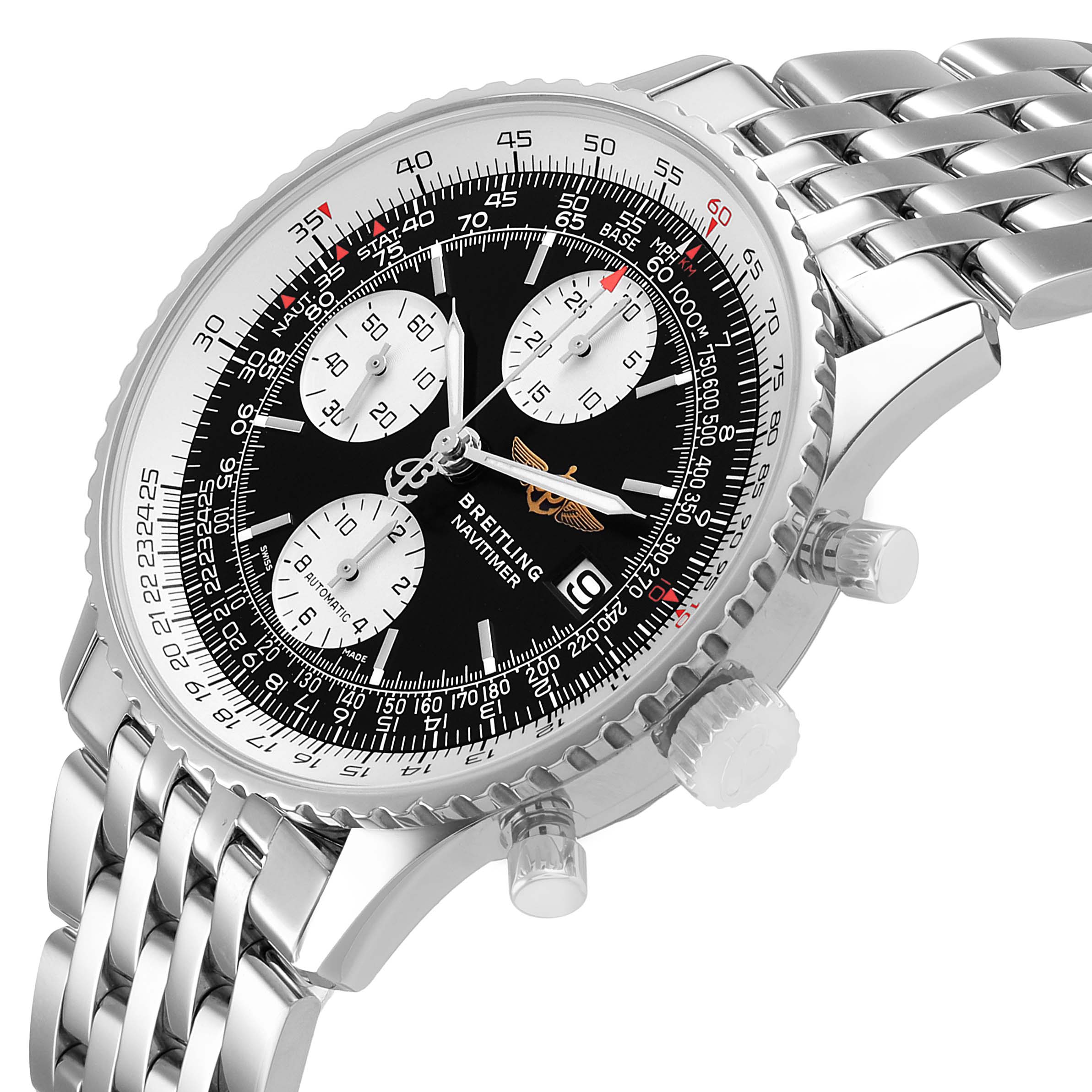 The Breitling Navitimer A1332412/BD49 Men's Stainless Steel Black Dial watch is shown at an angled side view, highlighting its bezel, chronograph subdials, crown, and stainless steel bracelet.