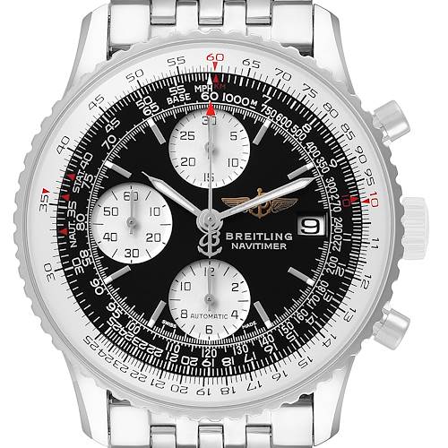 The Breitling Navitimer A1332412/BD49 Men's Stainless Steel Black Dial watch is shown from the front, highlighting the dial, chronograph subdials, and bezel details.