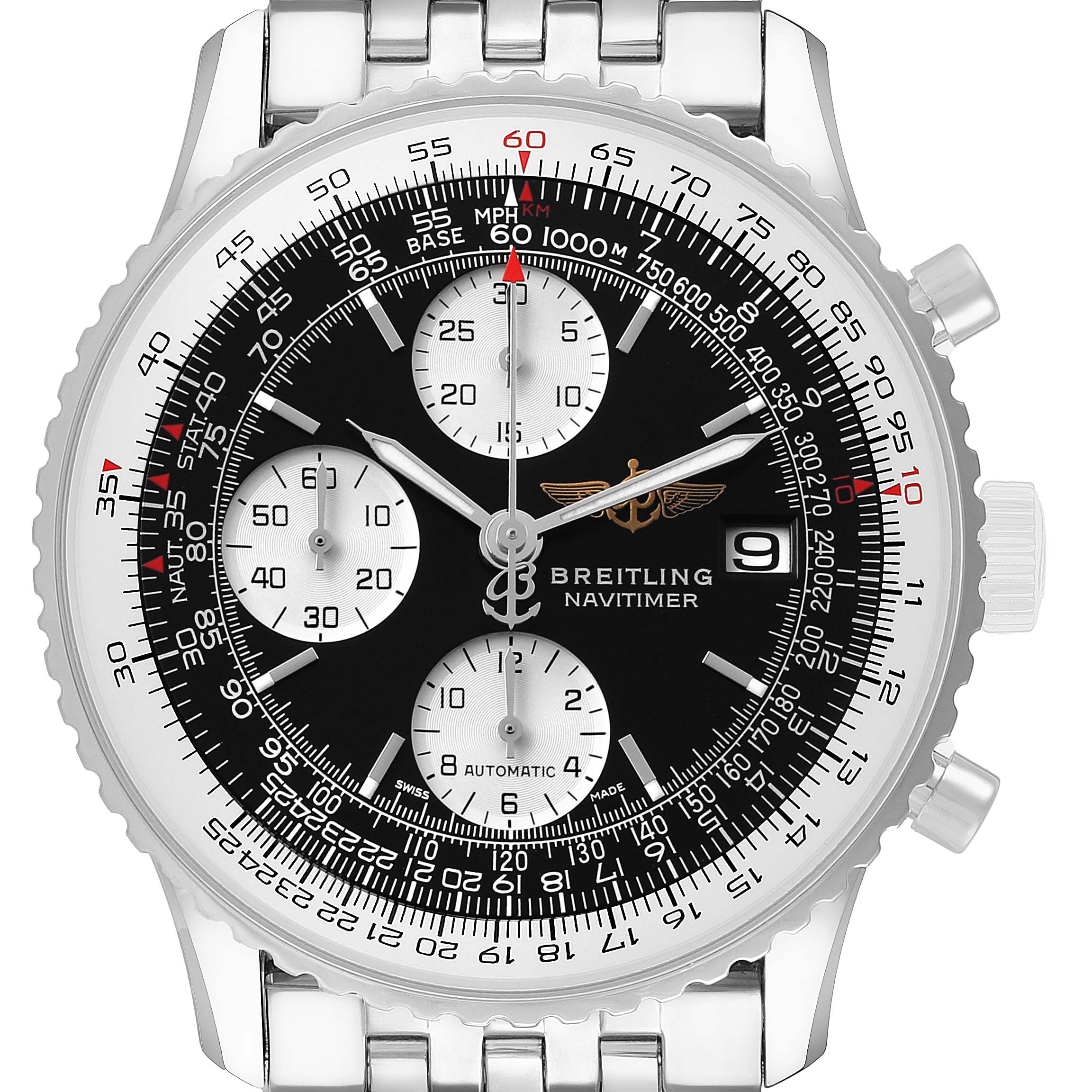 The image shows a frontal view of the Breitling Navitimer A1332412/BD49 Men's Stainless Steel Black Dial, displaying its bezel, dial, chronograph subdials, and bracelet.