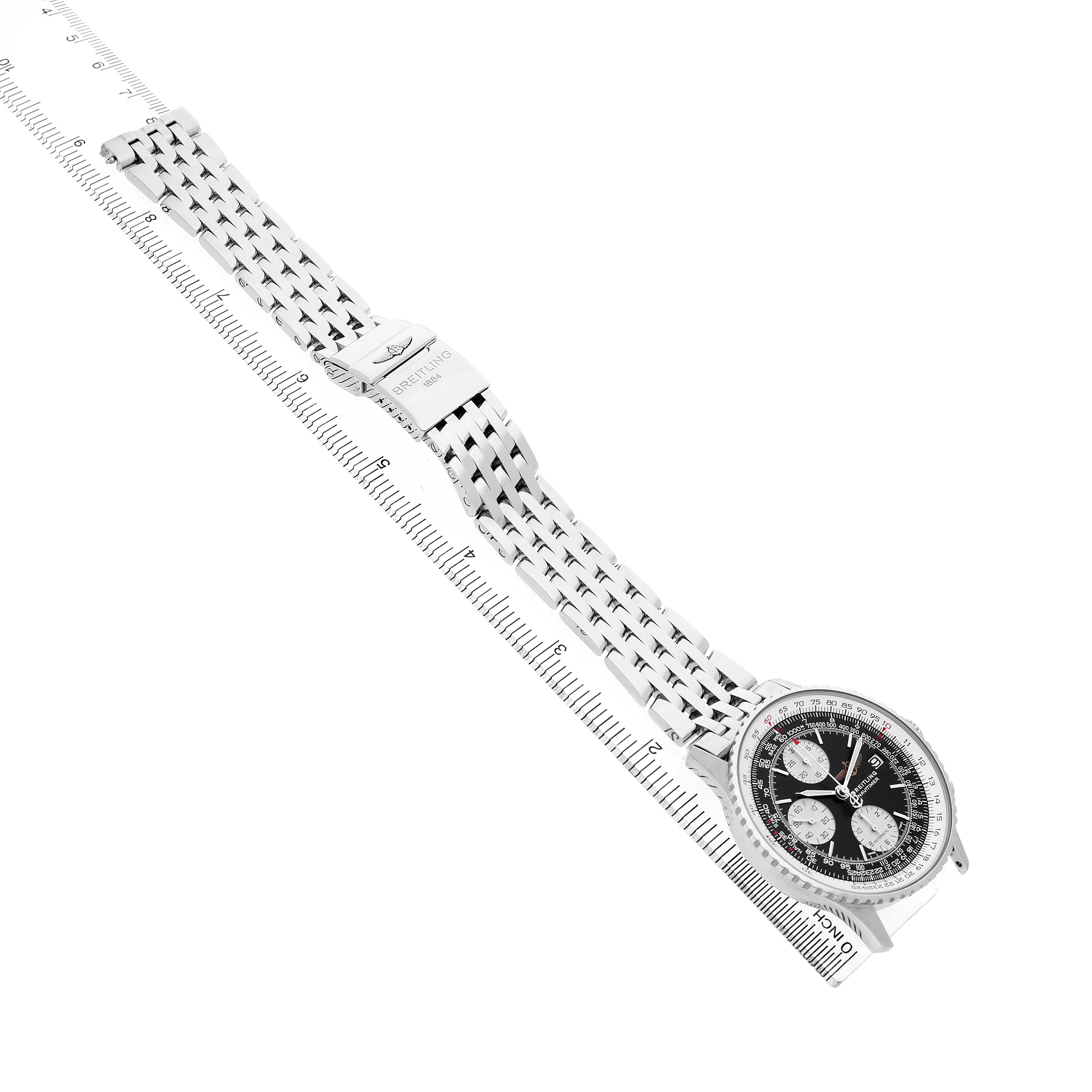 The Breitling Navitimer A1332412/BD49 Men's Stainless Steel Black Dial watch is shown at a diagonal angle, with focus on the face and metal bracelet.