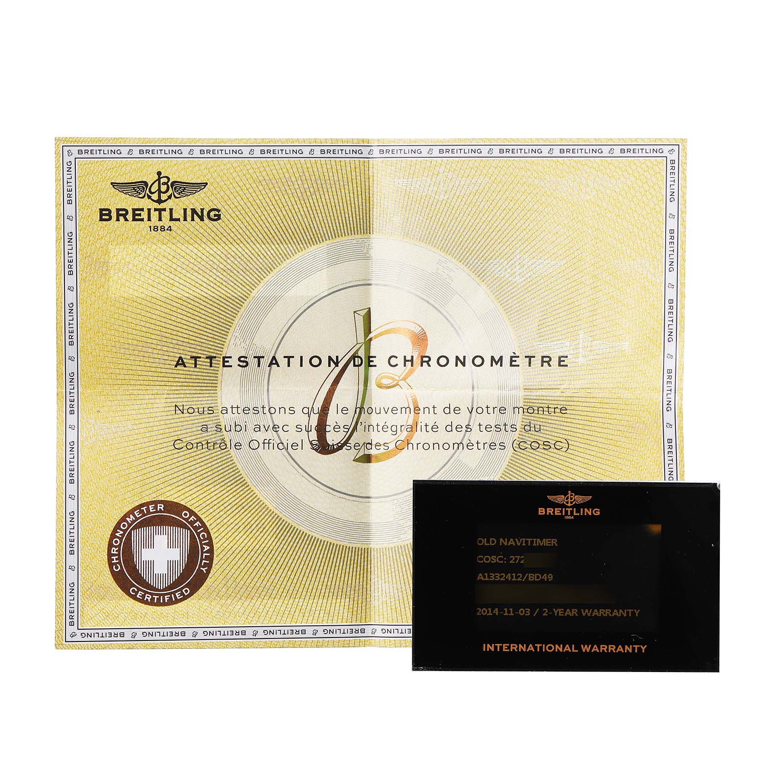 The image shows a Breitling Navitimer A1332412/BD49 Men's Stainless Steel Black Dial certification document and warranty card.