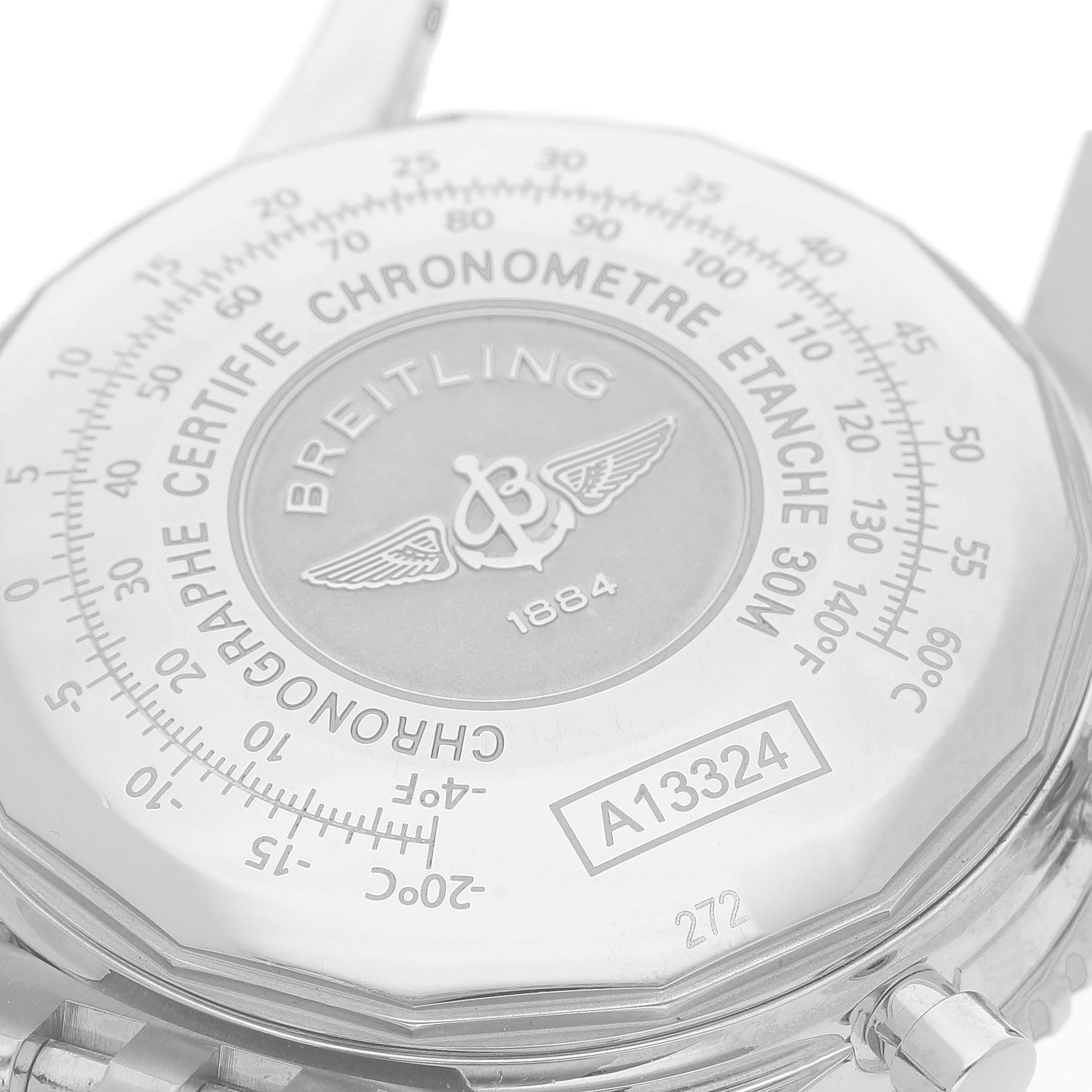 The image shows the back case of a Breitling Navitimer A1332412/BD49 Men's Stainless Steel Black Dial watch, displaying engravings and model information.