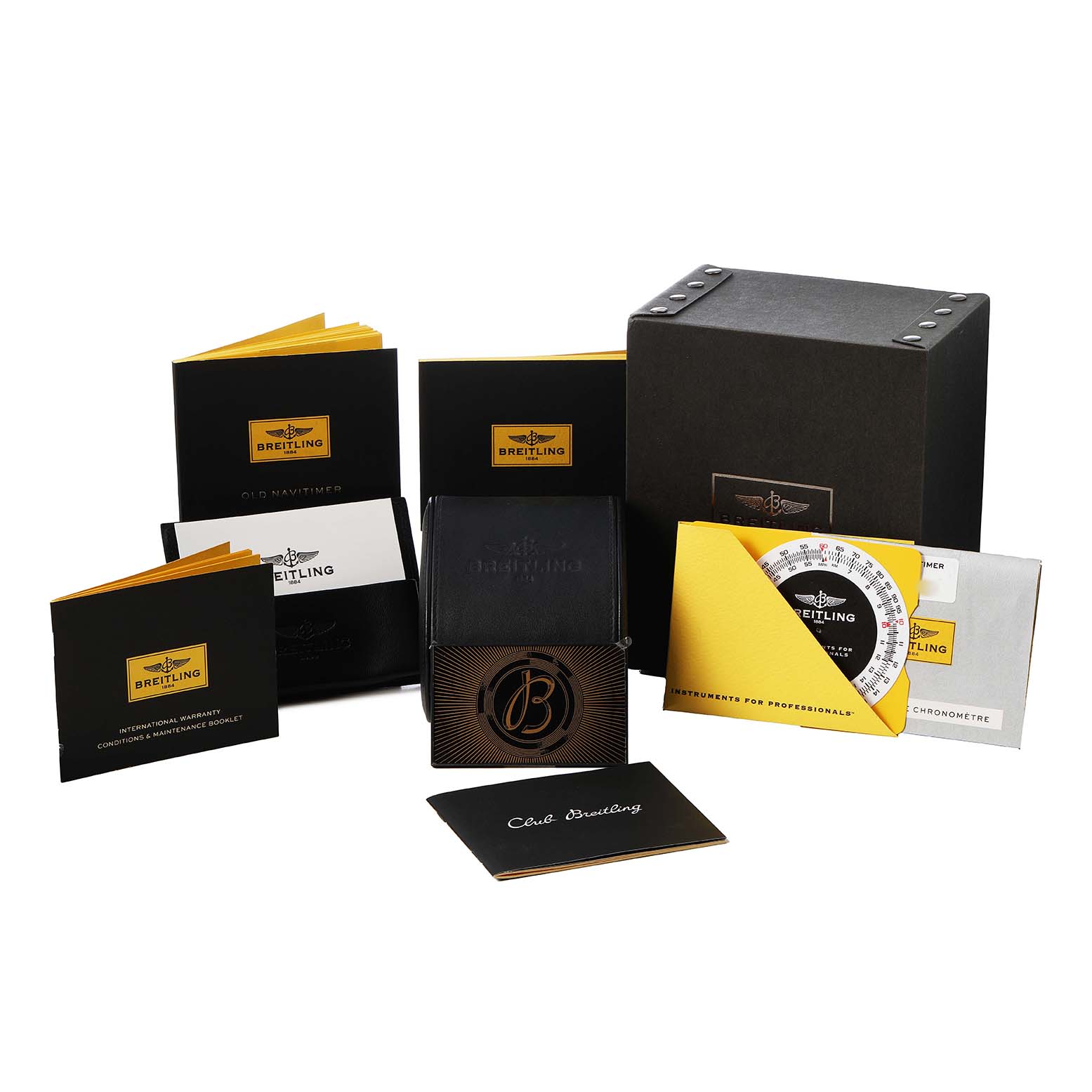 The image shows a Breitling Navitimer A1332412/BD49 Men's Stainless Steel Black Dial box set with manuals, warranty cards, and a presentation box.