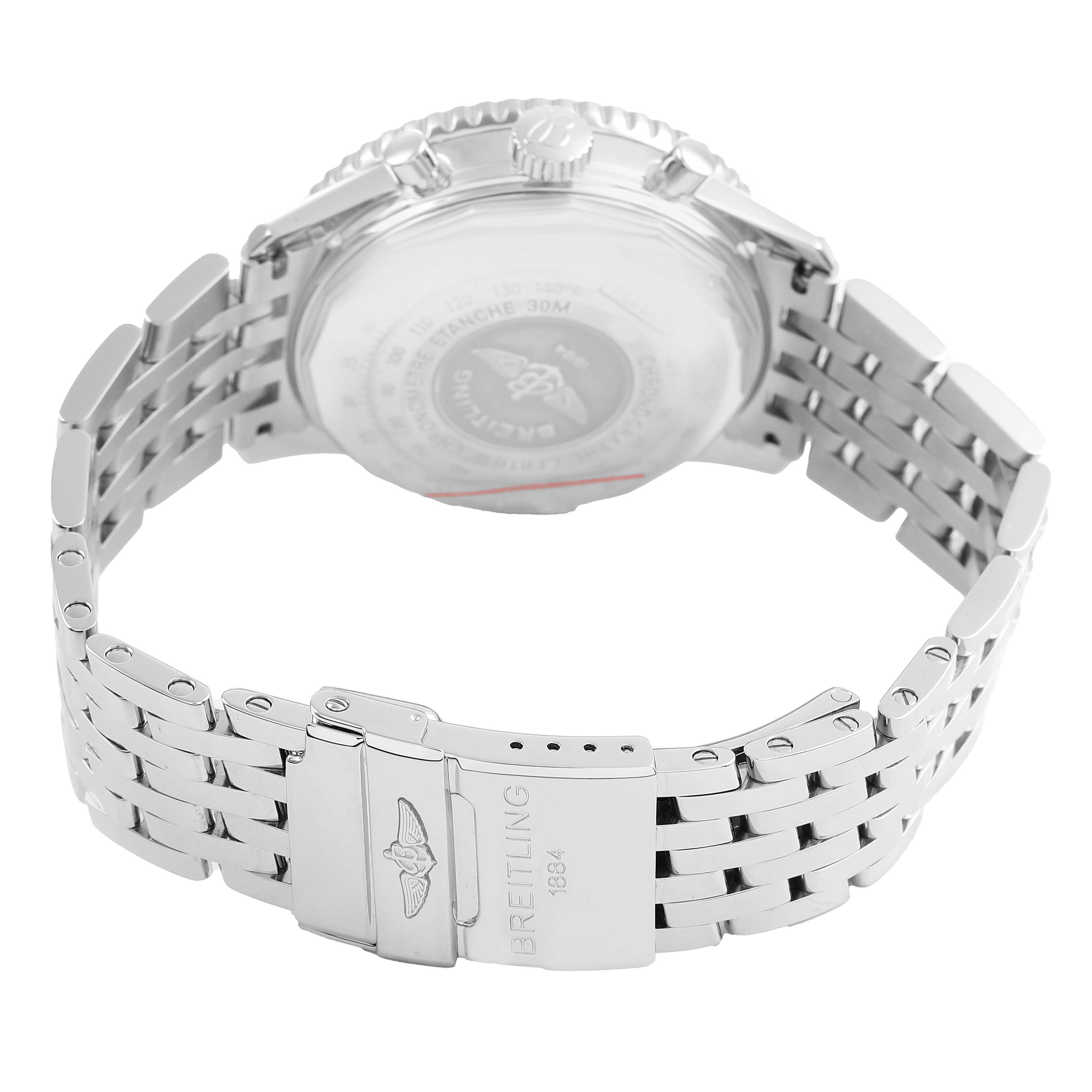 The image shows the back case and bracelet of a Breitling Navitimer A1332412/BD49 Men's Stainless Steel Black Dial watch at an angle, highlighting the clasp and case details.