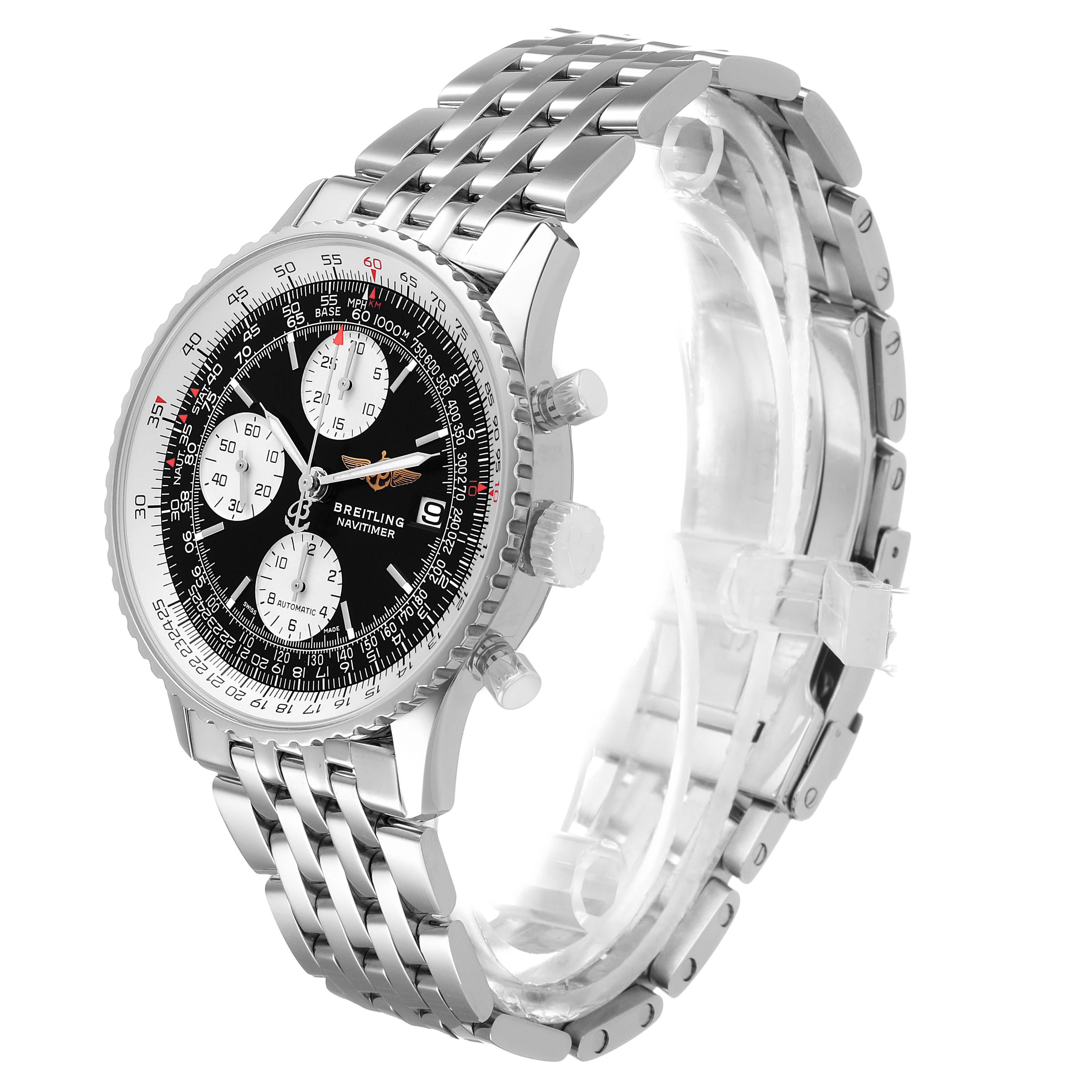 The Breitling Navitimer A1332412/BD49 Men's Stainless Steel Black Dial watch is shown at a three-quarter angle, highlighting the case, bezel, dial, and metal bracelet.
