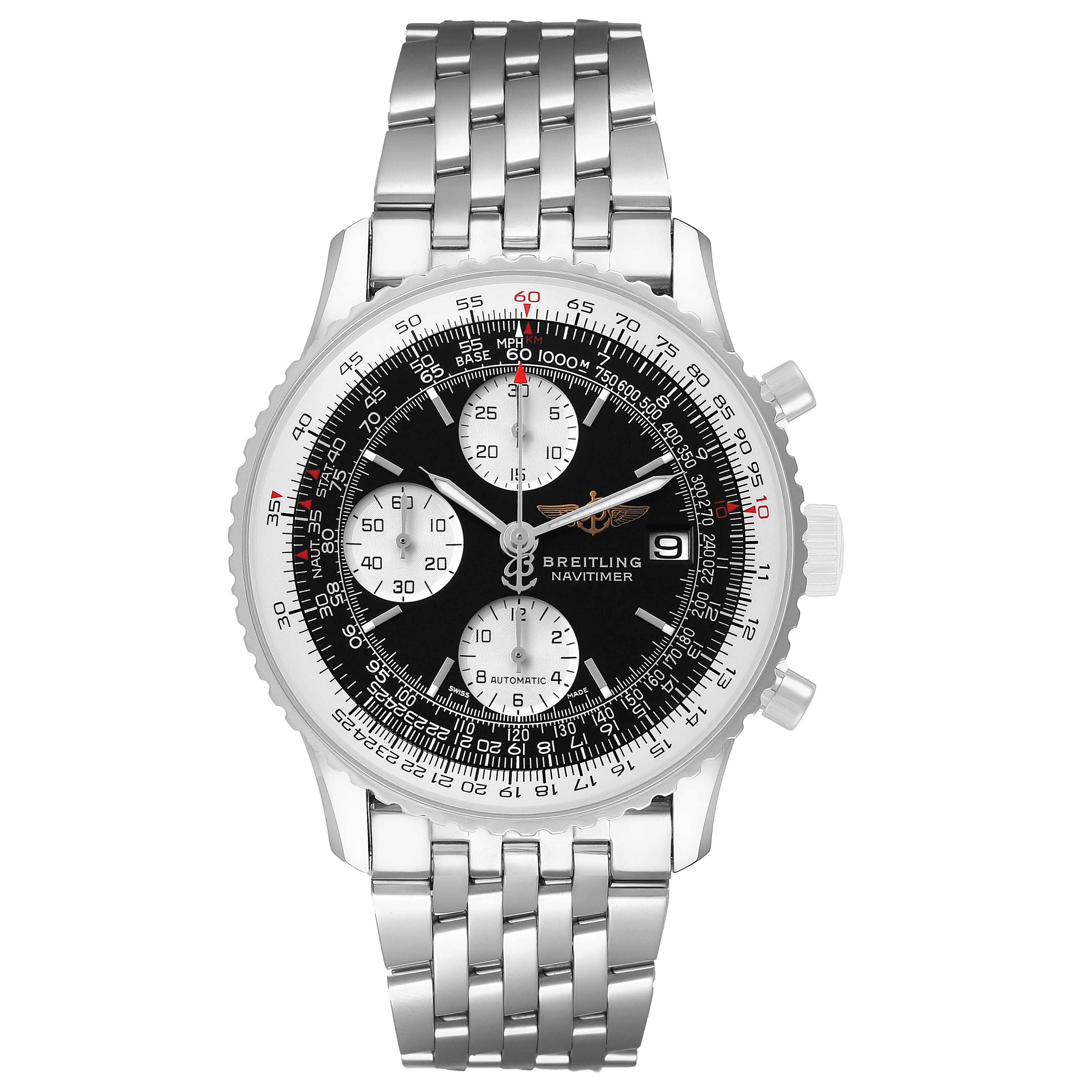 The image shows a frontal view of the Breitling Navitimer A1332412/BD49 Men's Stainless Steel Black Dial, displaying its bezel, dial, sub-dials, and metal bracelet.