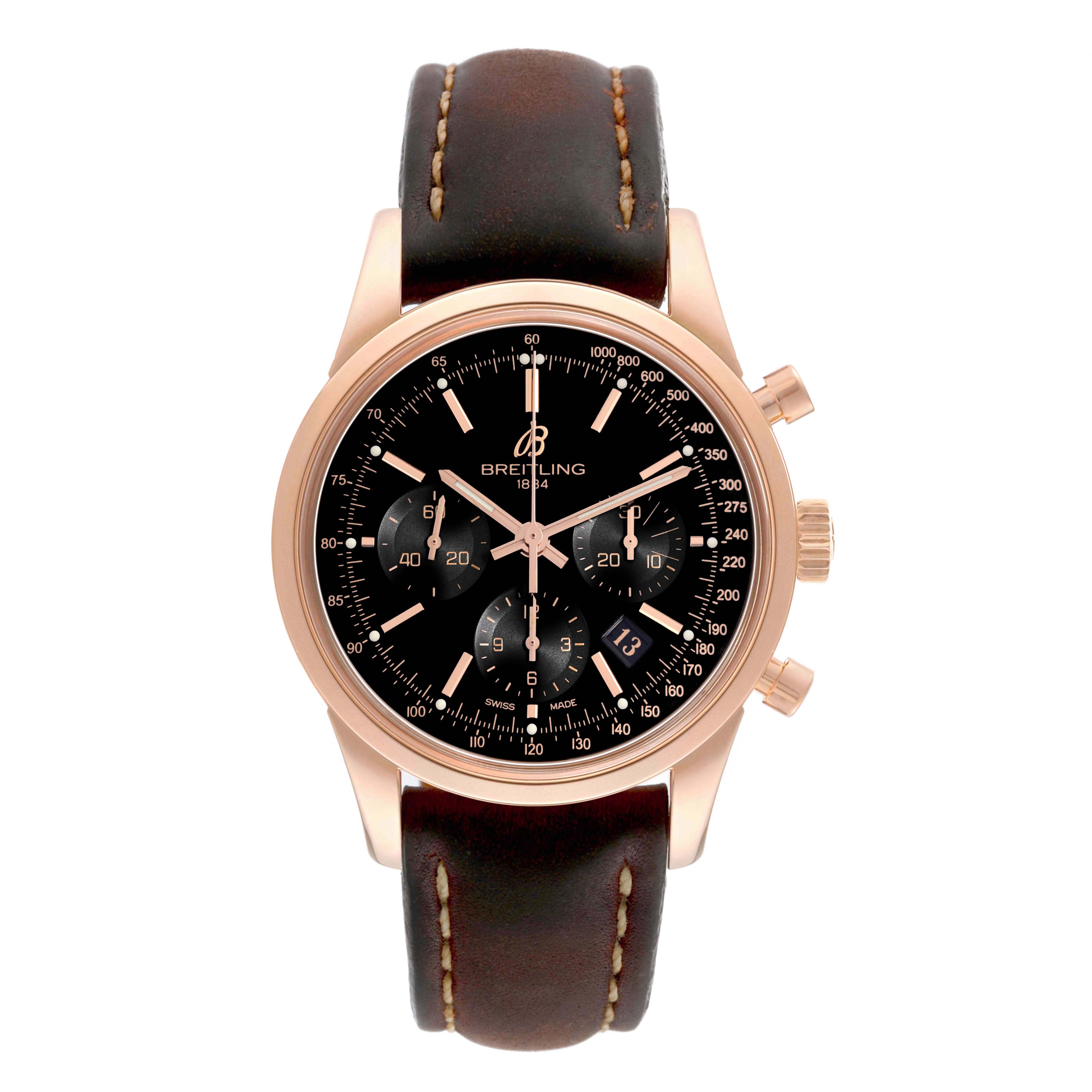 The Breitling Transocean RB0152 Men
s Rose Gold Black Dial RB0152 Men
s Rose Gold Black Dial watch is shown from a top view, highlighting its face, bezel, and leather strap.