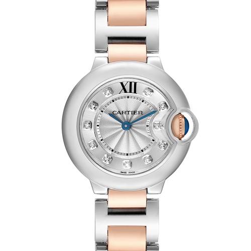 The Ballon Bleu by Cartier is shown from a top view, displaying its round dial, roman numerals, and two-tone bracelet.