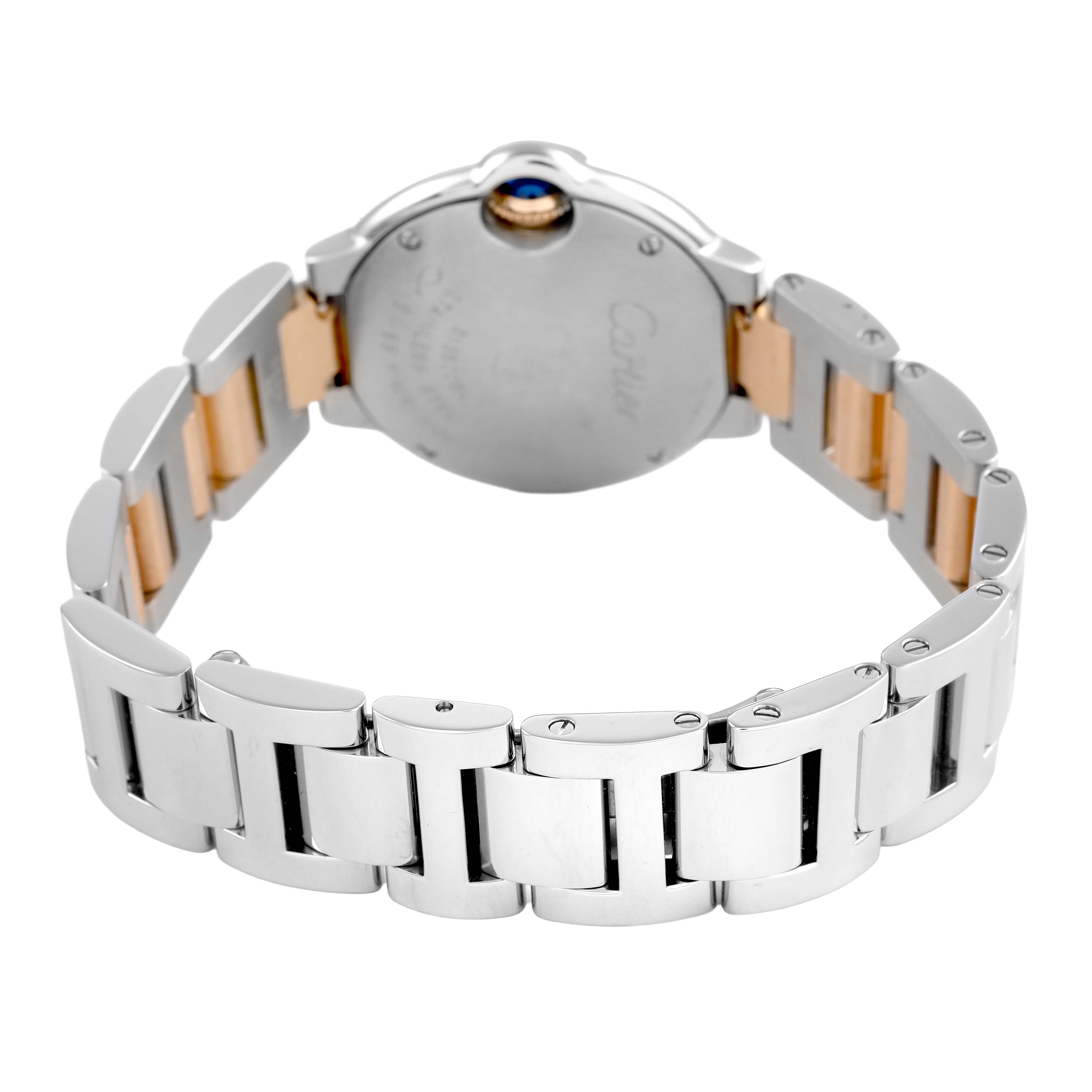 The image shows the back and bracelet of the Cartier Ballon Bleu WE902030 Women's Steel and Gold (two tone) Silver Dial watch at an angle highlighting the metal links and clasp.