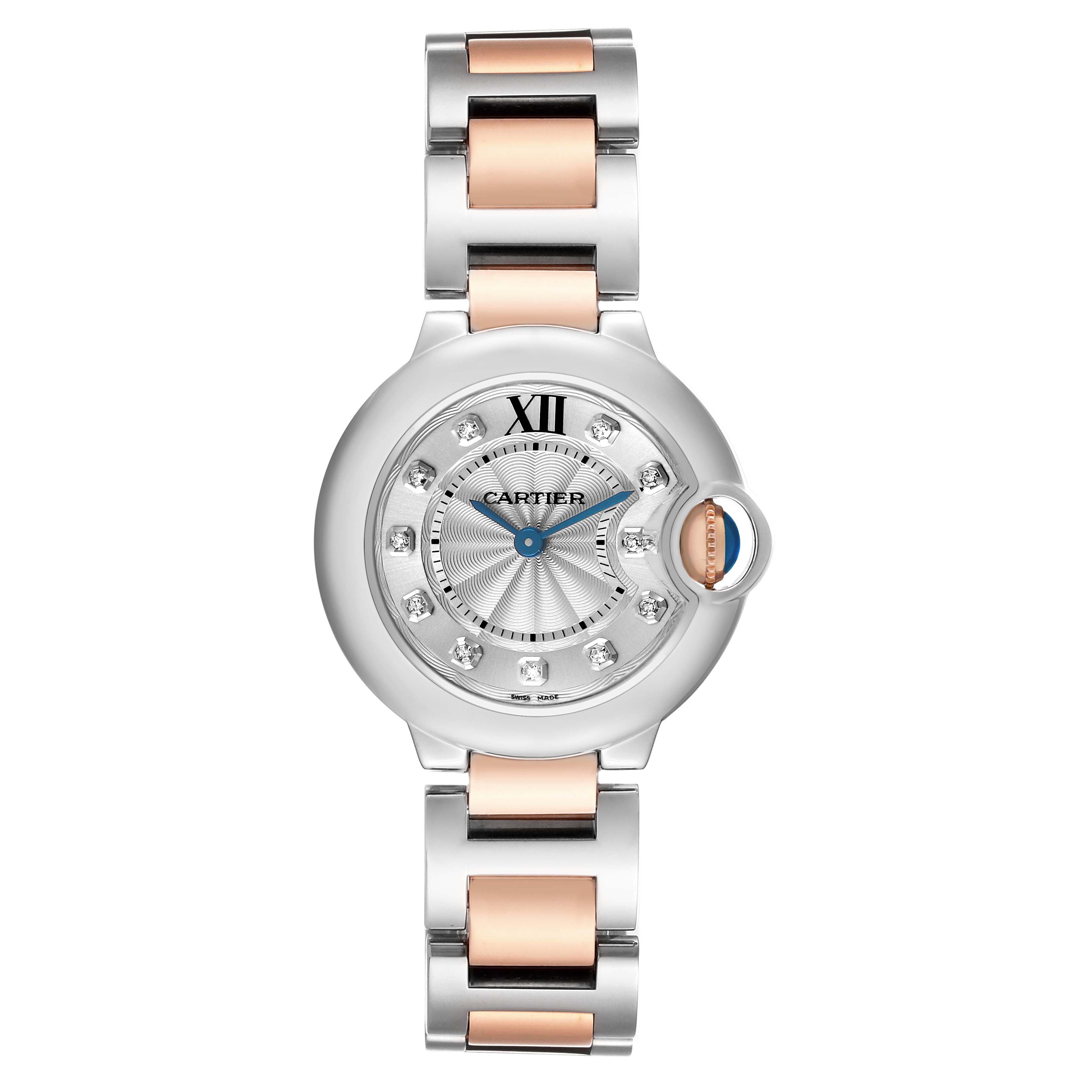The Cartier Ballon Bleu WE902030 Women's Steel and Gold (two tone) Silver Dial watch is shown from a front angle, highlighting its silver and gold bracelet and detailed face.