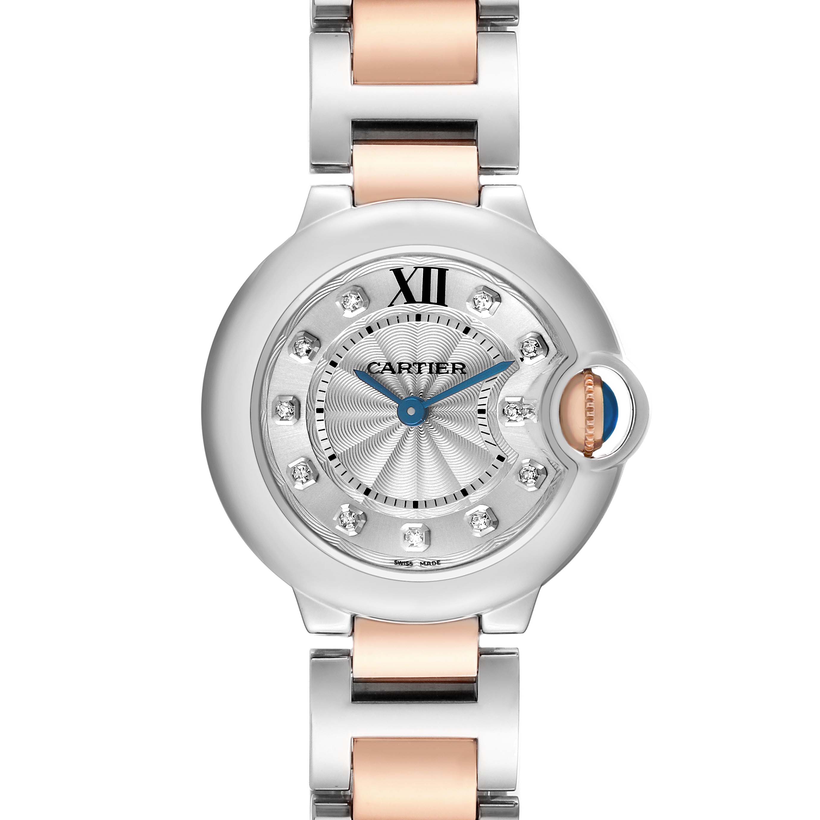 The Cartier Ballon Bleu WE902030 Women's Steel and Gold (two tone) Silver Dial watch is shown from a top-down angle, highlighting its face, crown, and mixed metal bracelet.