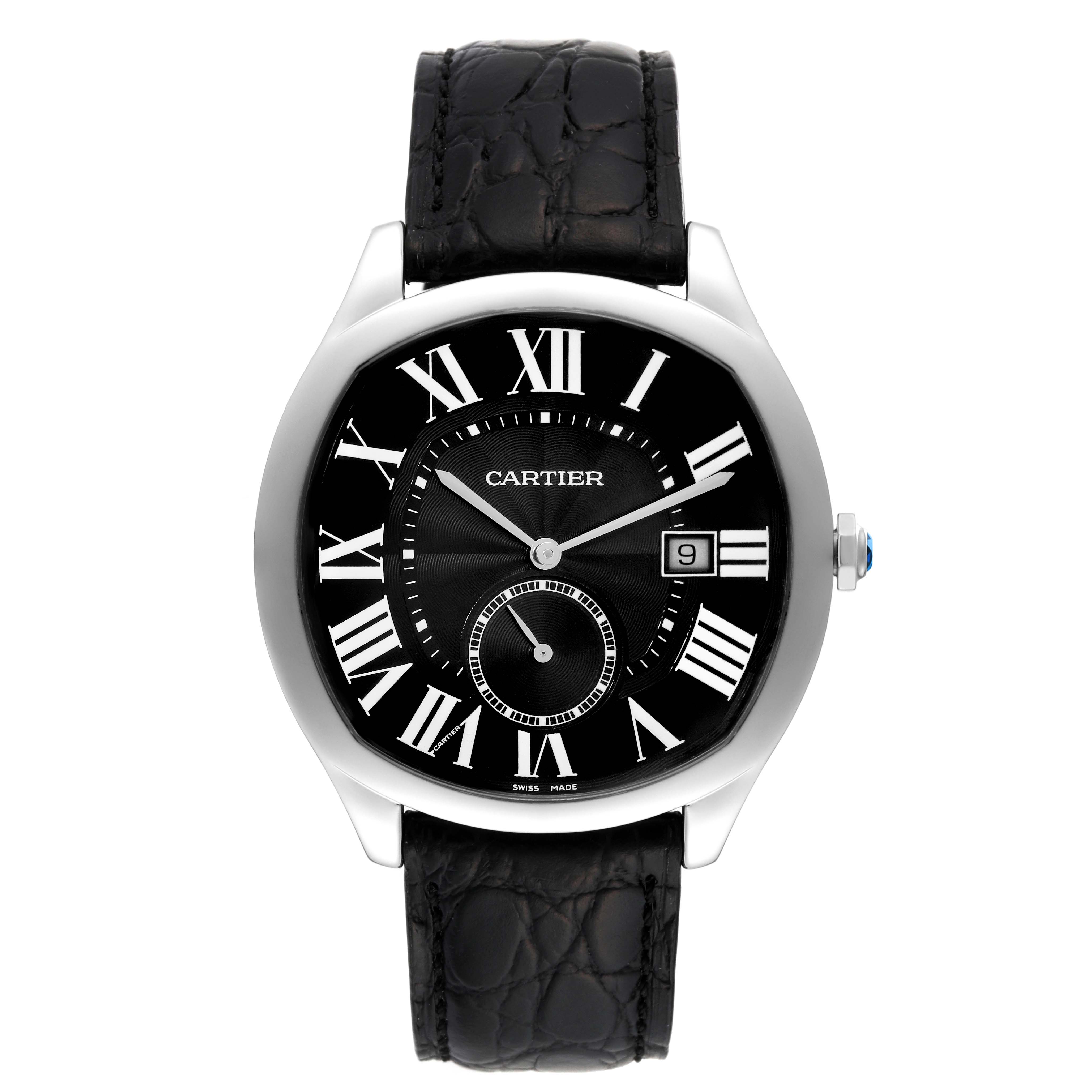 The image shows a front view of a Drive de Cartier watch by Cartier, displaying its black dial, Roman numerals, and black leather strap.