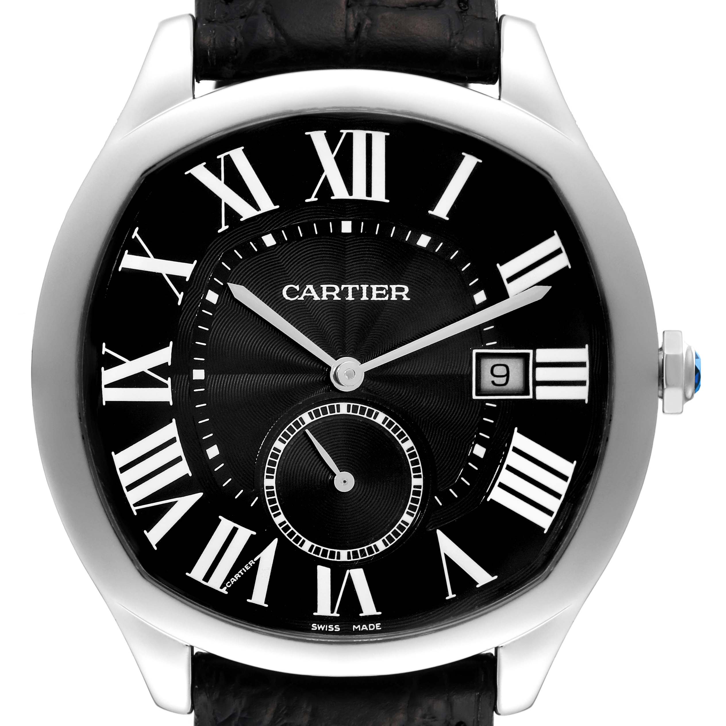 The image shows a front view of the Drive de Cartier watch by Cartier, displaying the dial, Roman numerals, and date window.