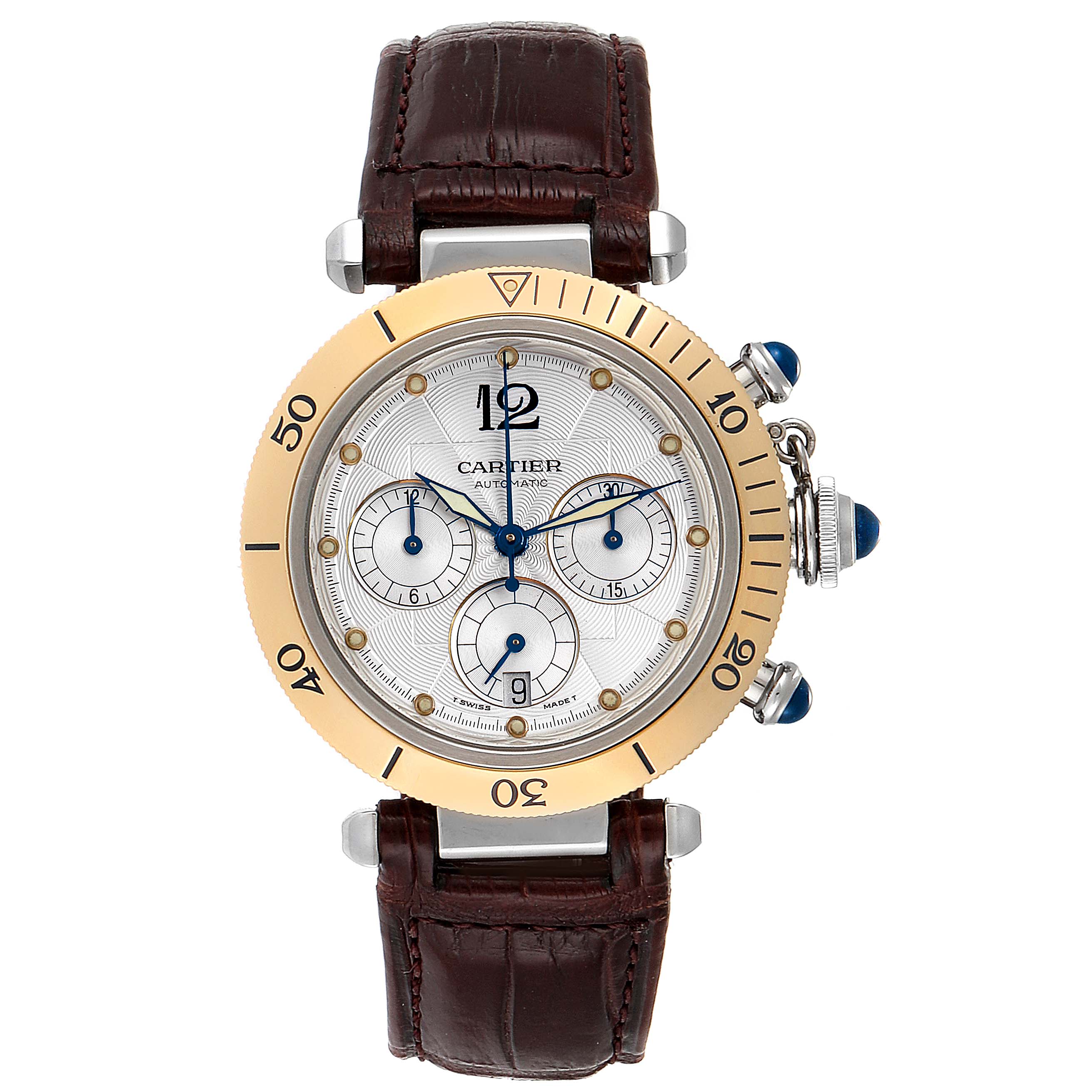 This image shows the front view of a Cartier Pasha W3014051 Men's Steel and Gold (two tone) Silver Dial W3014051 Men's Steel and Gold (two tone) Silver Dial watch, featuring a leather strap, bezel, crown, and dial with three subdials.