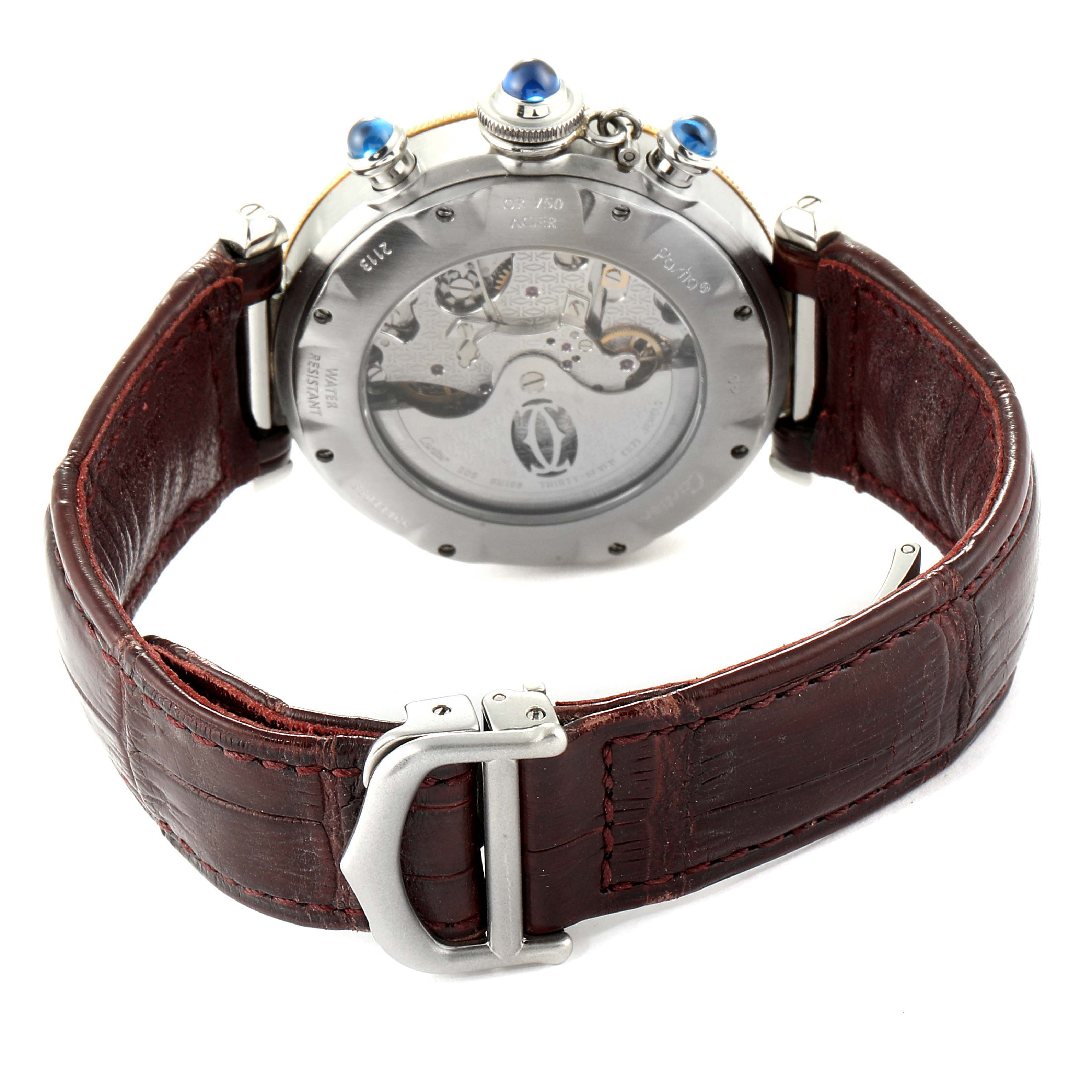 The image shows the back of a Cartier Pasha W3014051 Men's Steel and Gold (two tone) Silver Dial W3014051 Men's Steel and Gold (two tone) Silver Dial watch, highlighting the movement and leather strap with a metal buckle.