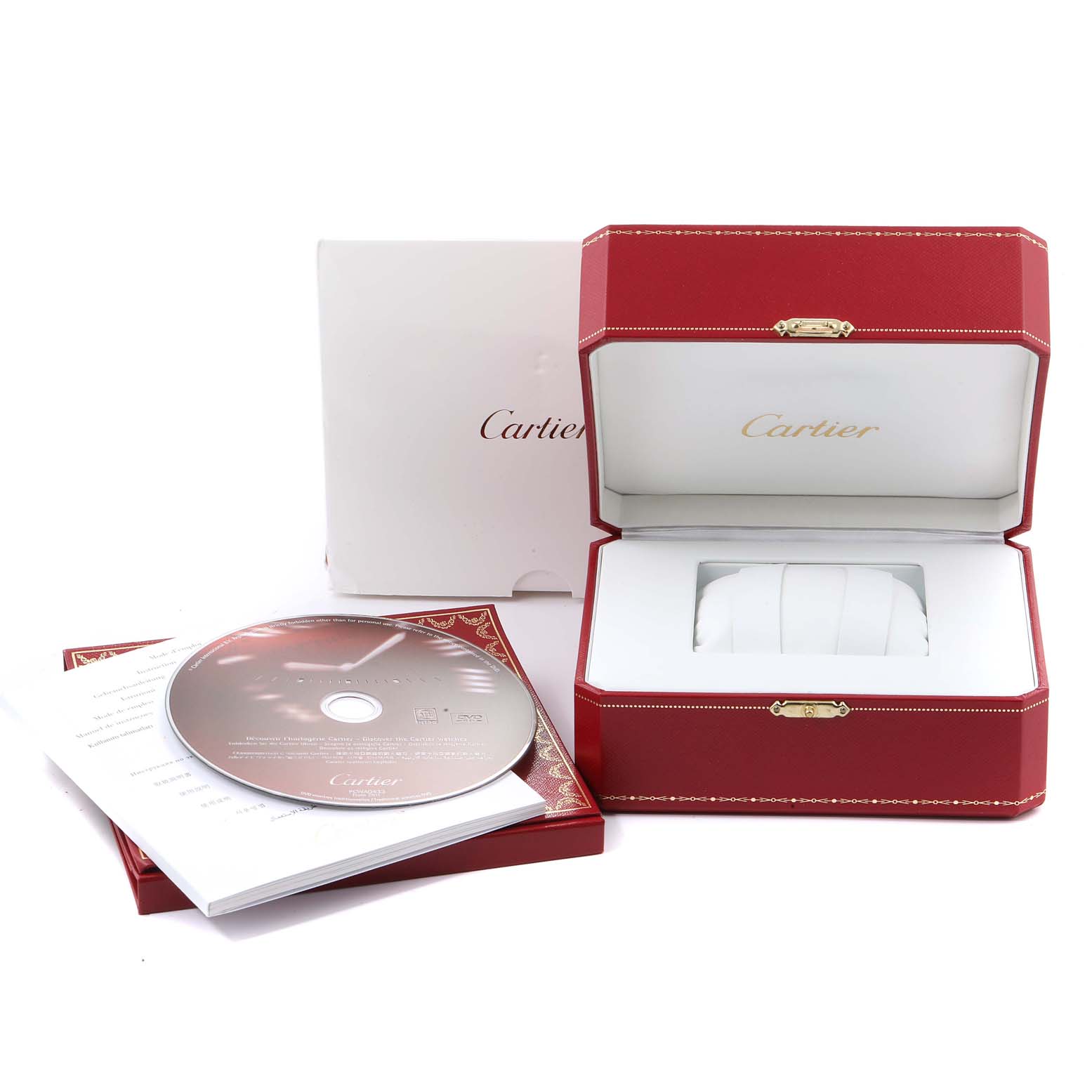 The image shows the accessories for a Cartier Pasha W3014051 Men's Steel and Gold (two tone) Silver Dial W3014051 Men's Steel and Gold (two tone) Silver Dial watch, including a red box, a CD, and a booklet.