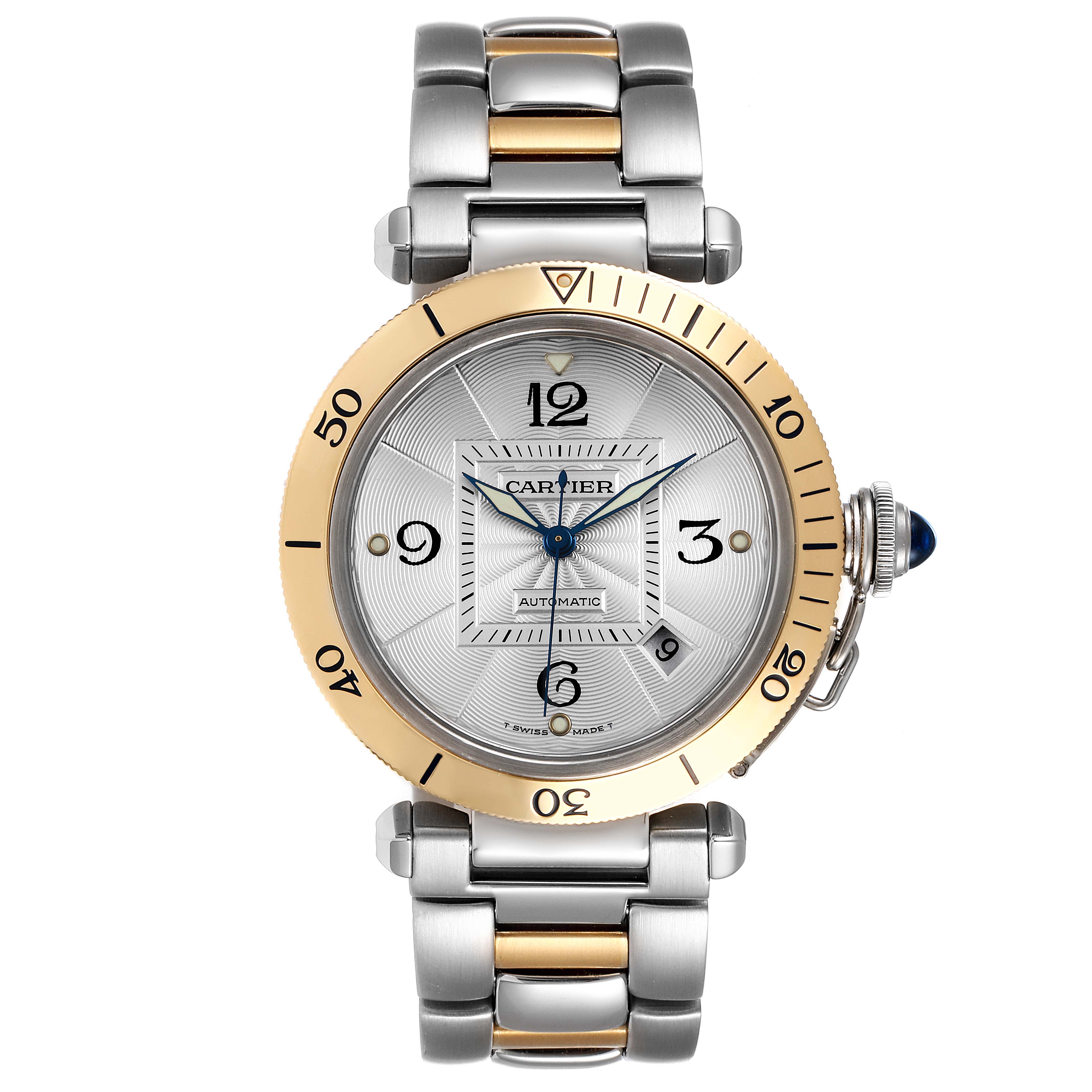 The image shows a frontal view of the Cartier Pasha 2378 Men's Steel and Gold (two tone) Silver Dial 2378 Men's Steel and Gold (two tone) Silver Dial model watch, displaying its face, bezel, and bracelet.