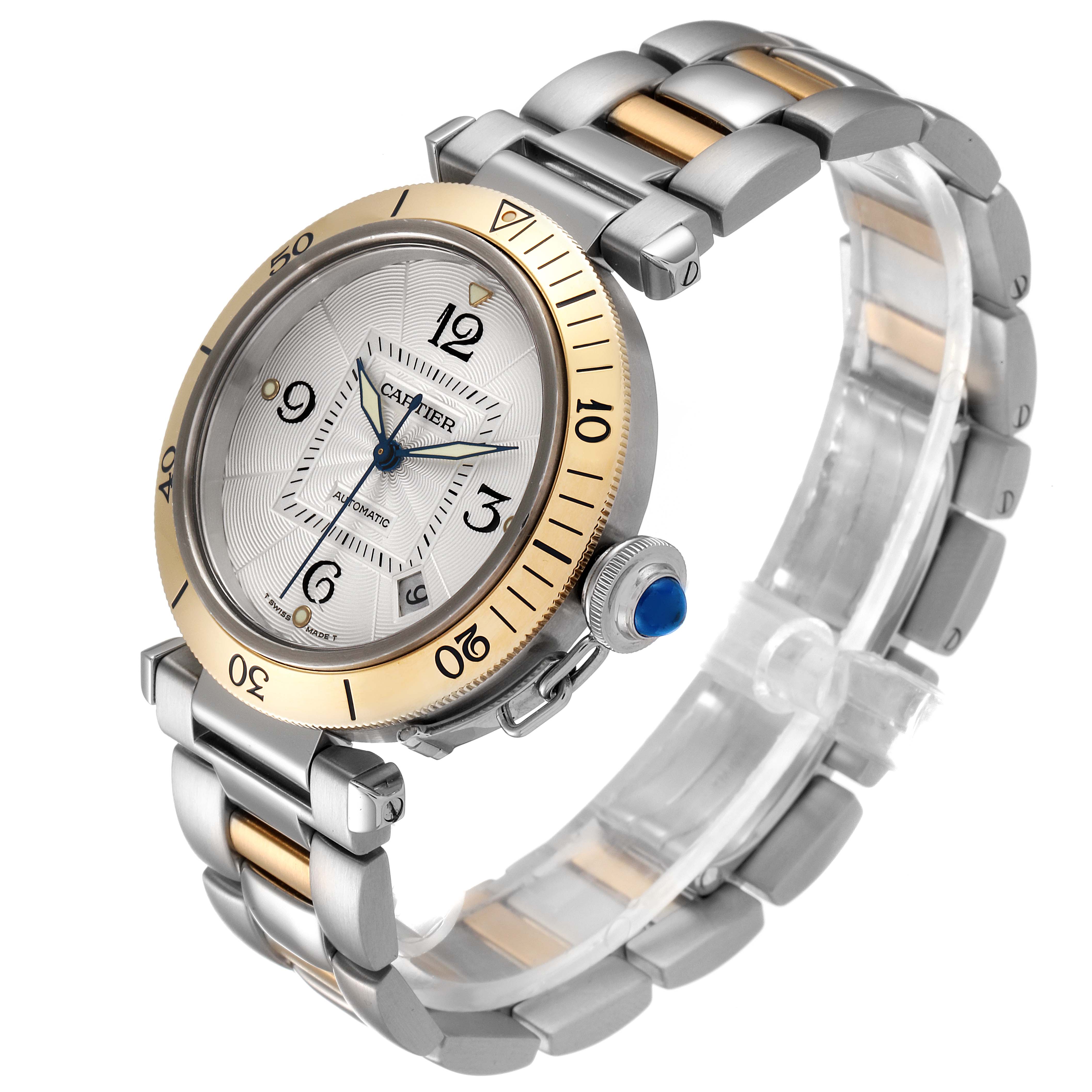 The image shows a three-quarter view of a Cartier Pasha 2378 Men's Steel and Gold (two tone) Silver Dial 2378 Men's Steel and Gold (two tone) Silver Dial watch, highlighting the dial, bezel, crown, and bracelet.