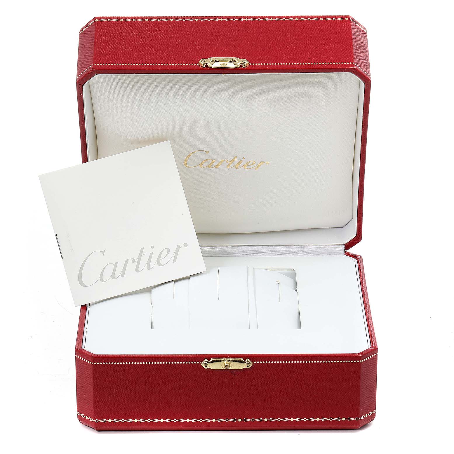 The image shows an open box of a Cartier Pasha 2378 Men's Steel and Gold (two tone) Silver Dial 2378 Men's Steel and Gold (two tone) Silver Dial watch with documents inside.
