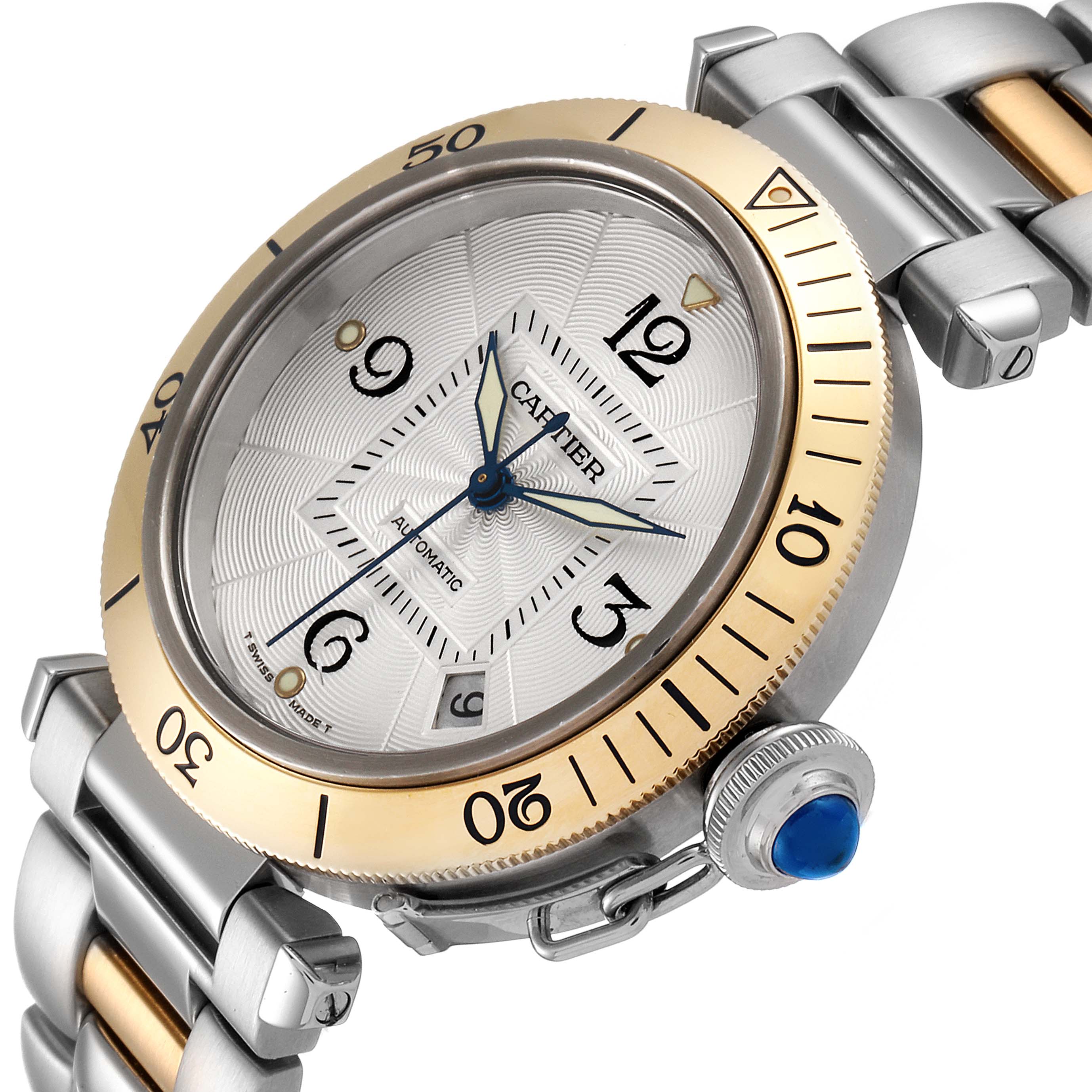 The image shows a close-up view of the dial, bezel, and part of the bracelet of a Cartier Pasha 2378 Men's Steel and Gold (two tone) Silver Dial 2378 Men's Steel and Gold (two tone) Silver Dial watch.