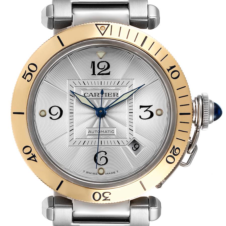 Cartier Pasha 38mm Steel Yellow Gold Silver Dial Mens Watch 2378 SwissWatchExpo