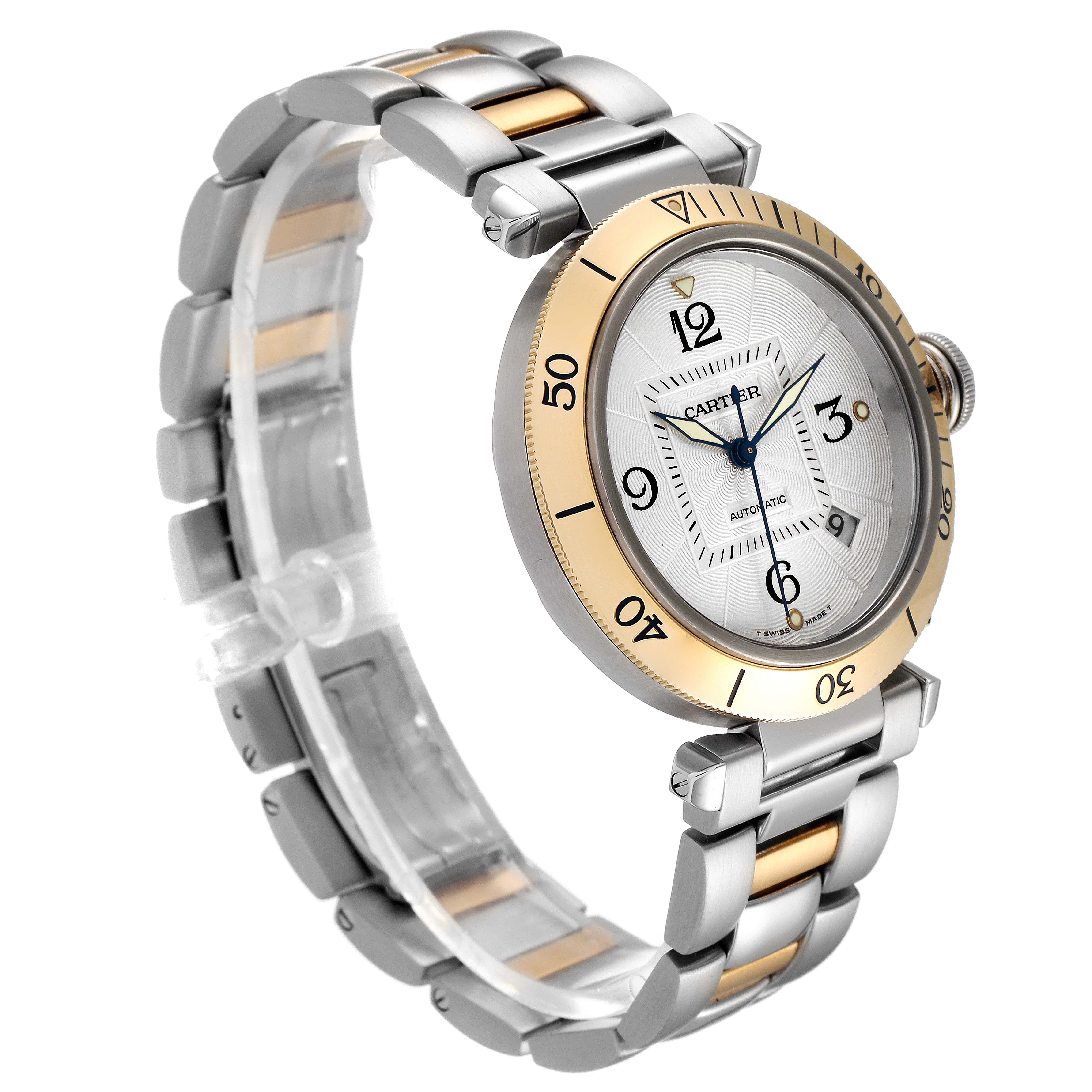 The image shows a Cartier Pasha 2378 Men's Steel and Gold (two tone) Silver Dial 2378 Men's Steel and Gold (two tone) Silver Dial watch at a three-quarter angle, highlighting the face, bezel, and metal bracelet.