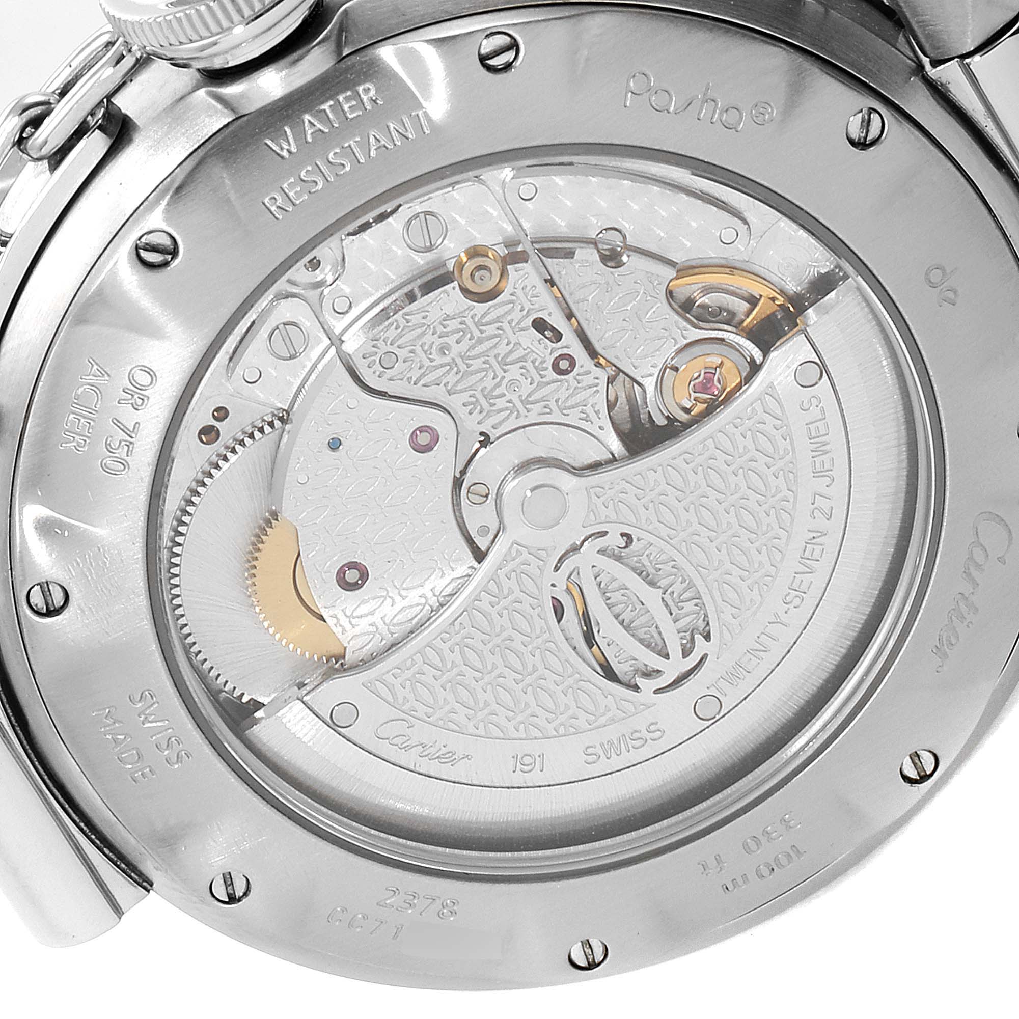 This image shows the back case of the Cartier Pasha 2378 Men's Steel and Gold (two tone) Silver Dial 2378 Men's Steel and Gold (two tone) Silver Dial watch, displaying its mechanism and inscriptions.