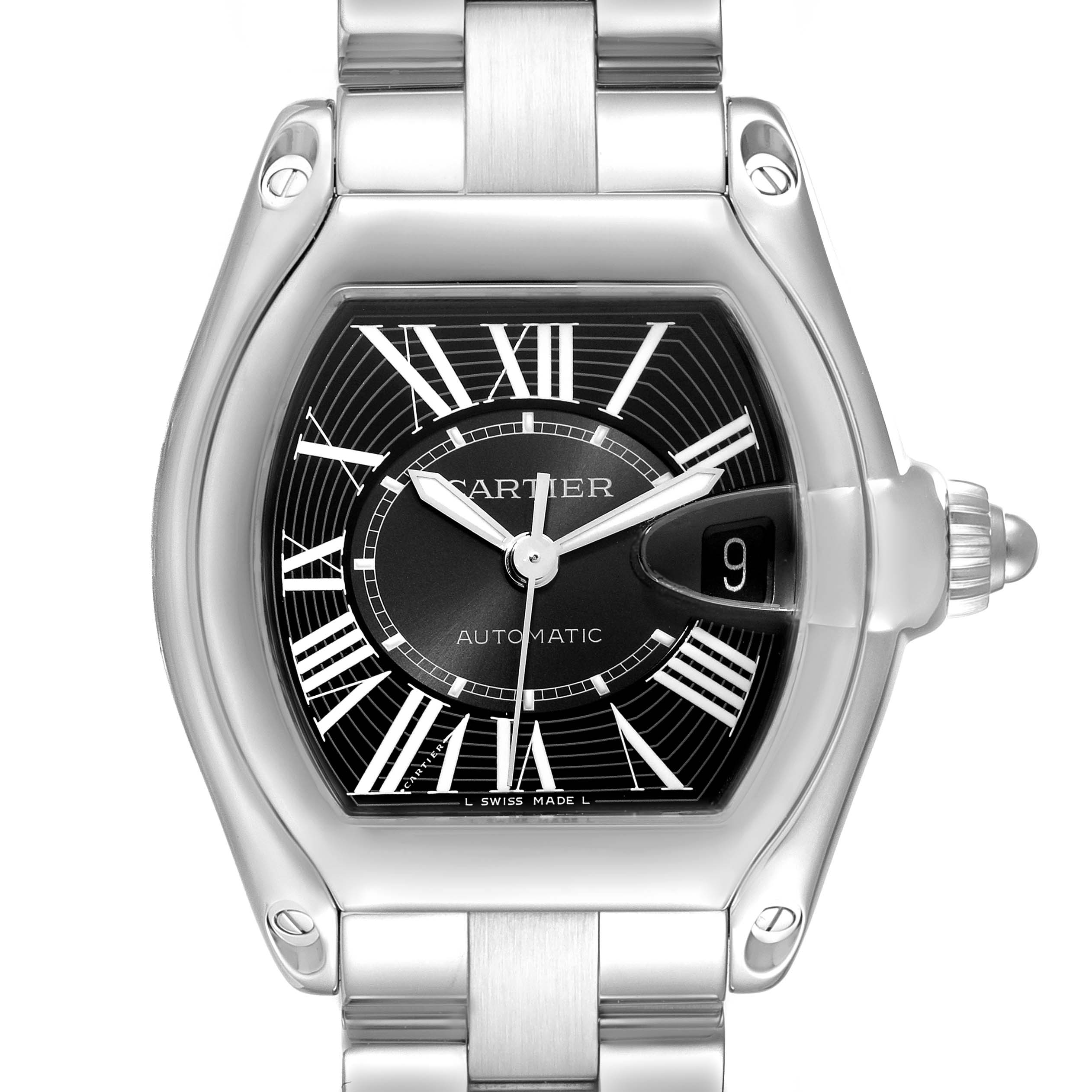 This image shows a frontal view of the Cartier Roadster W62041V3 Men's Stainless Steel Black Dial W62041V3 Men's Stainless Steel Black Dial watch, highlighting its face, dial, and part of the bracelet.